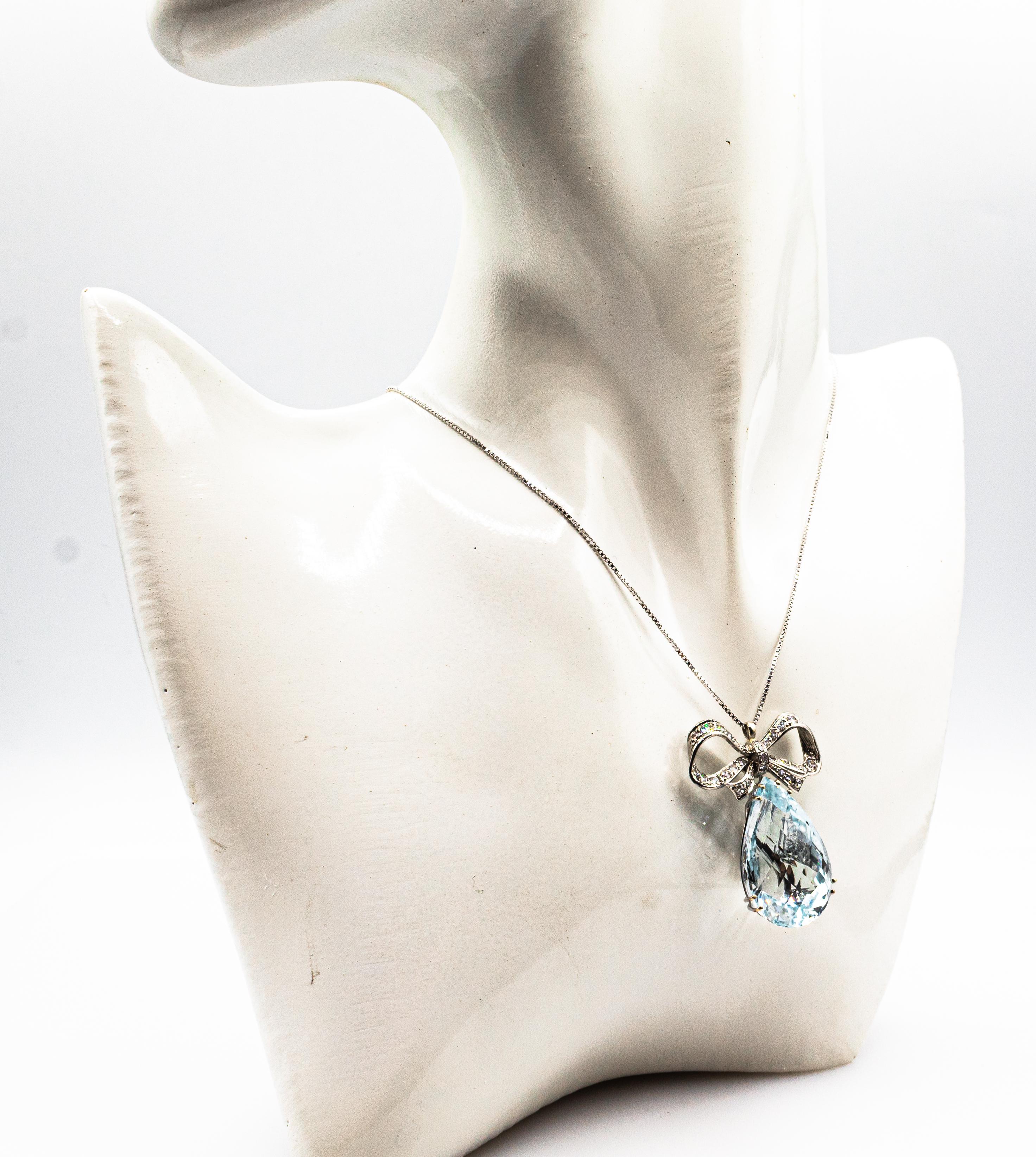 Art Deco Style White Diamond Pear Cut Blue Topaz White Gold Pendant Necklace 8