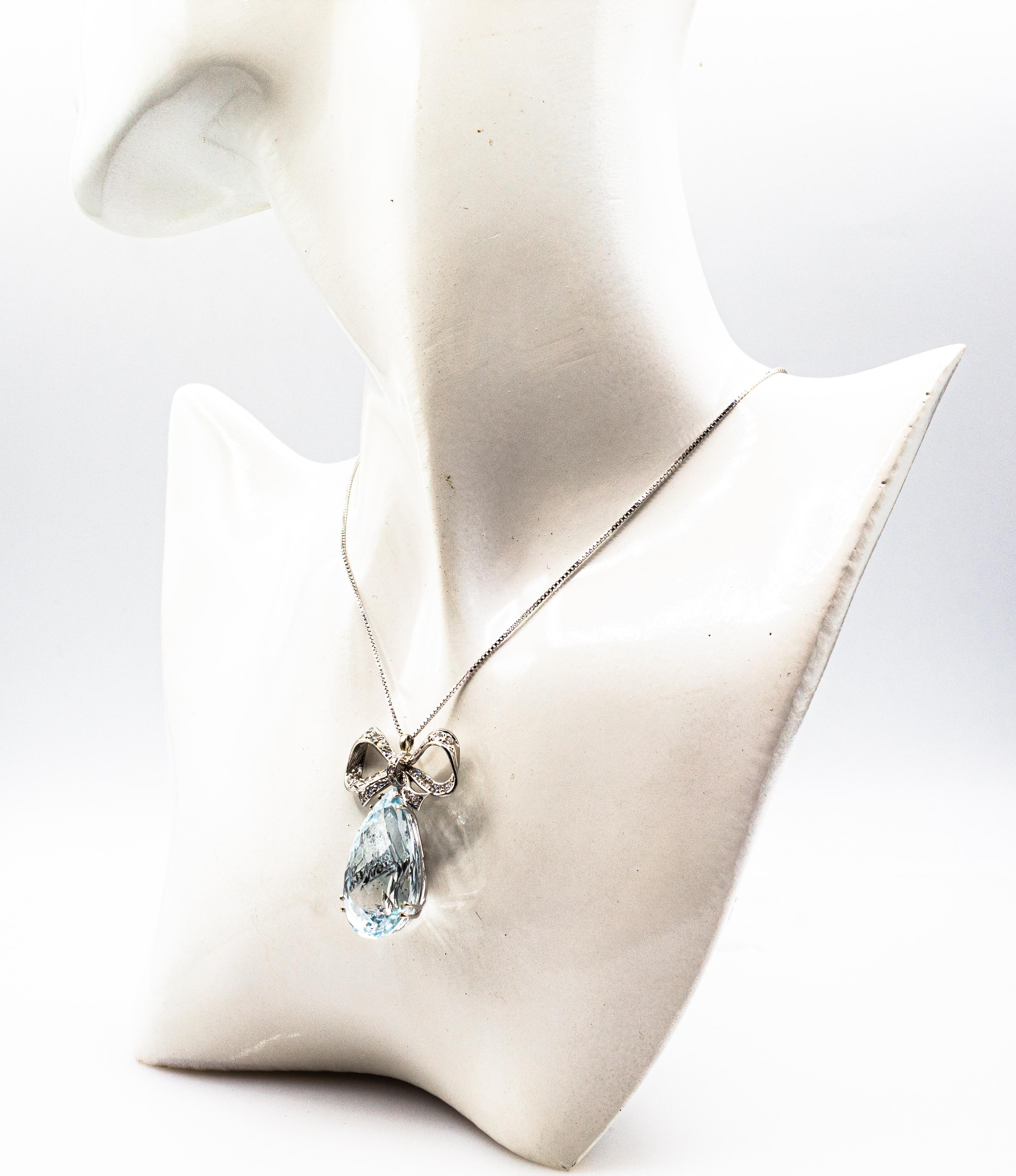 Art Deco Style White Diamond Pear Cut Blue Topaz White Gold Pendant Necklace 9