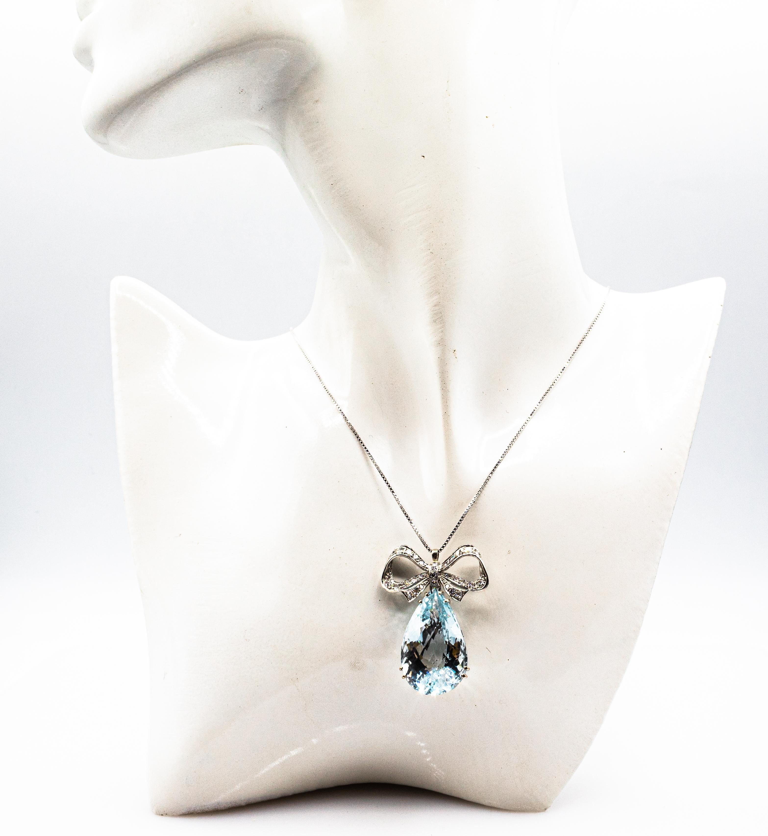 Art Deco Style White Diamond Pear Cut Blue Topaz White Gold Pendant Necklace 10