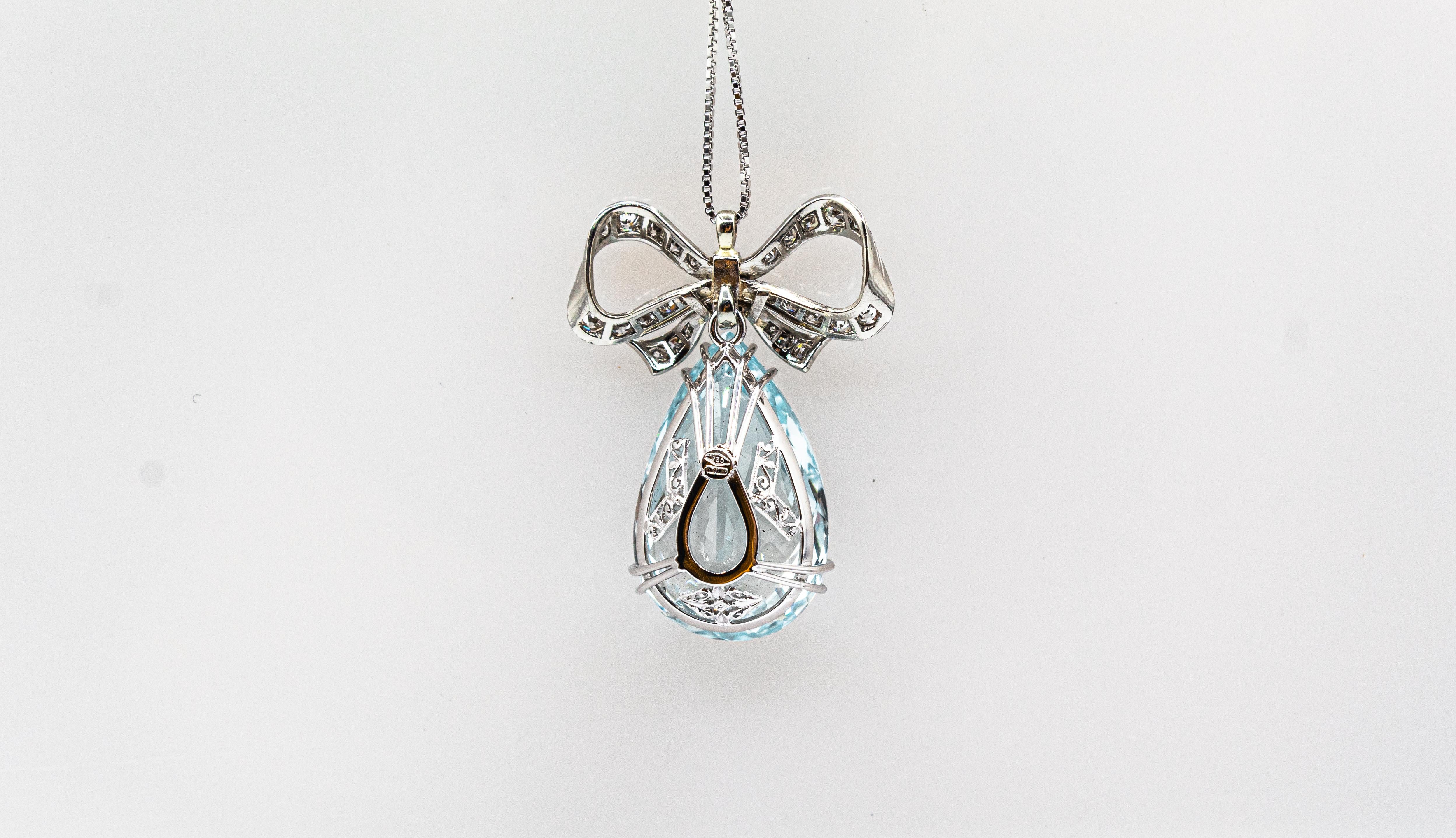 Women's or Men's Art Deco Style White Diamond Pear Cut Blue Topaz White Gold Pendant Necklace