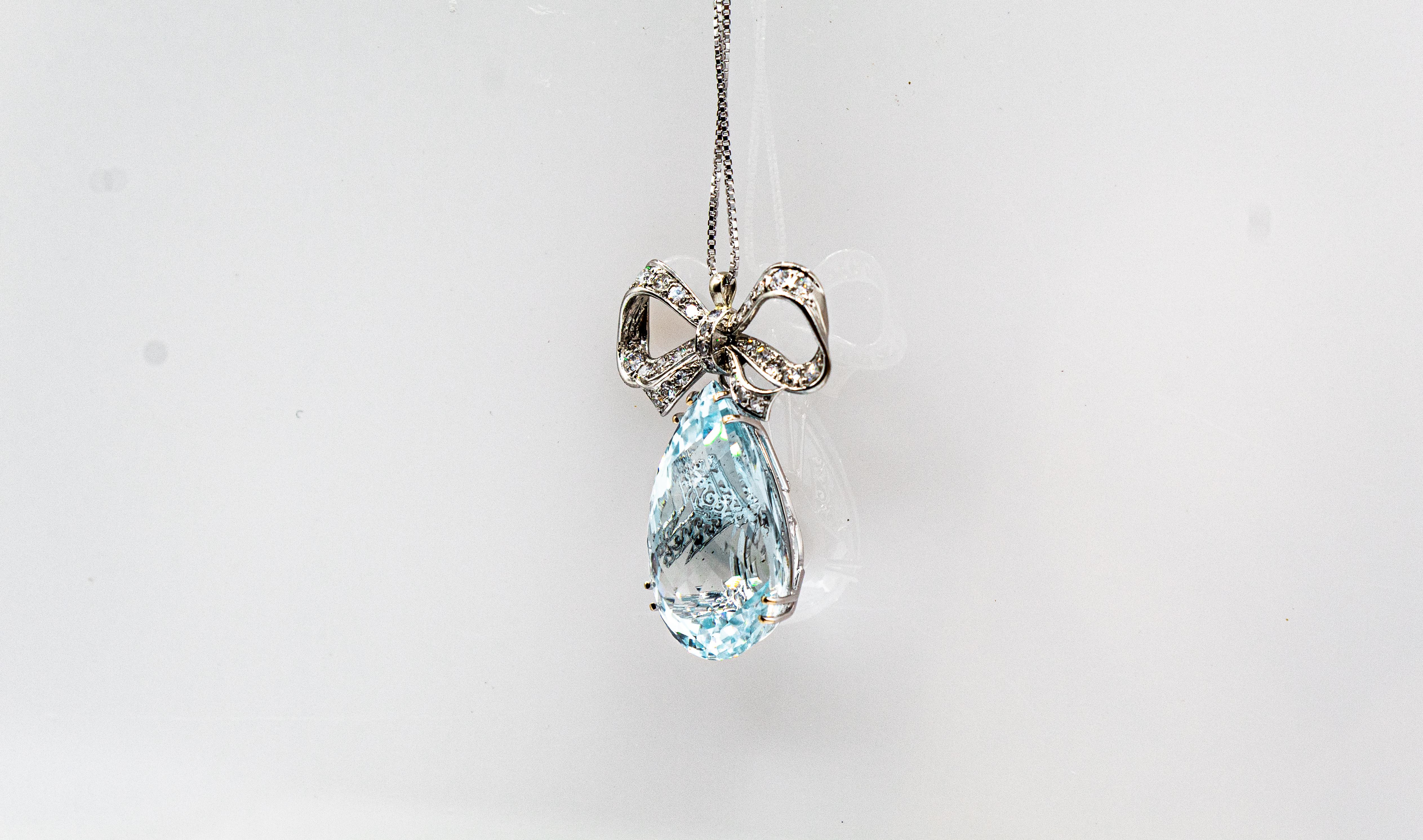 Art Deco Style White Diamond Pear Cut Blue Topaz White Gold Pendant Necklace 1