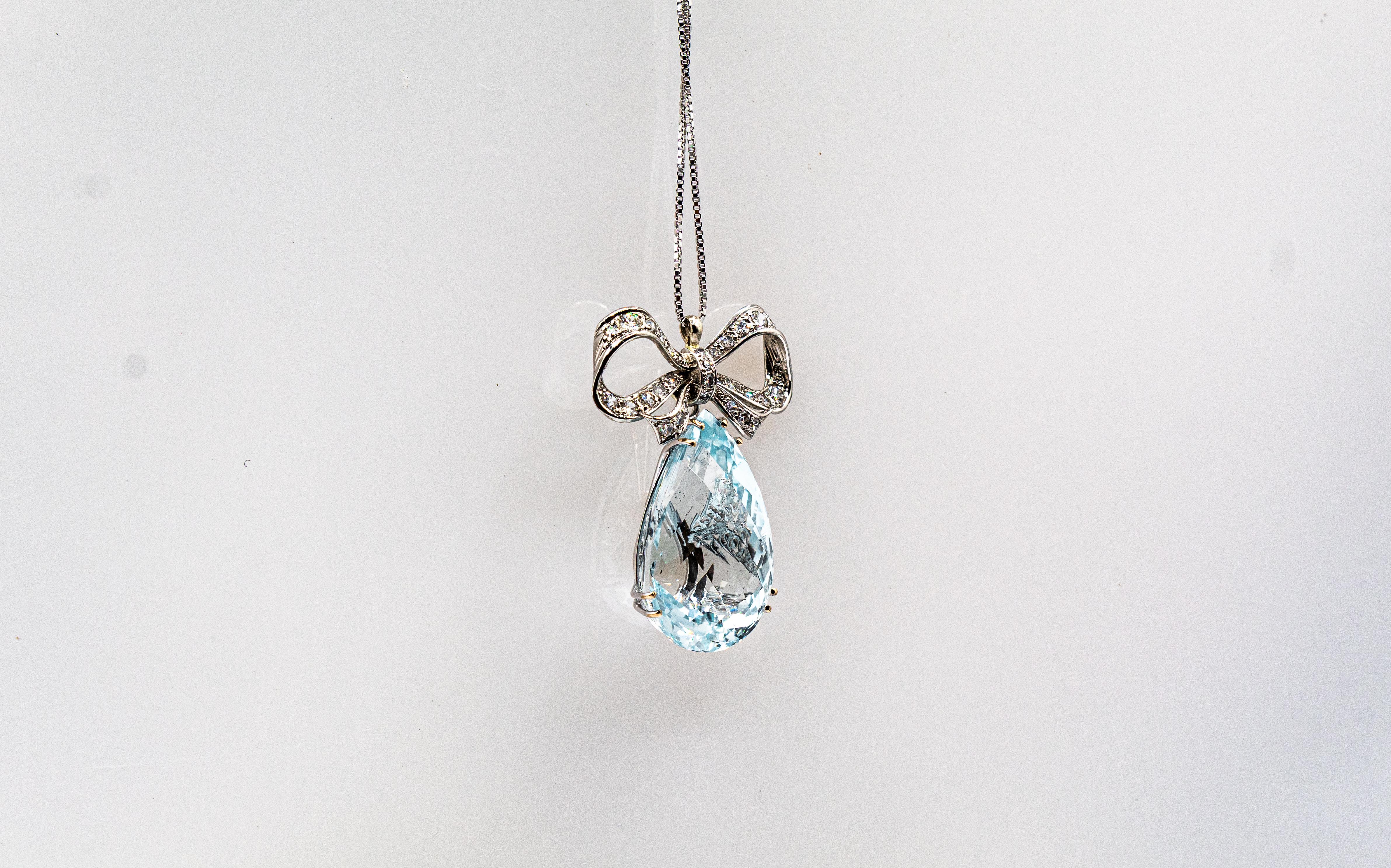 Art Deco Style White Diamond Pear Cut Blue Topaz White Gold Pendant Necklace 2