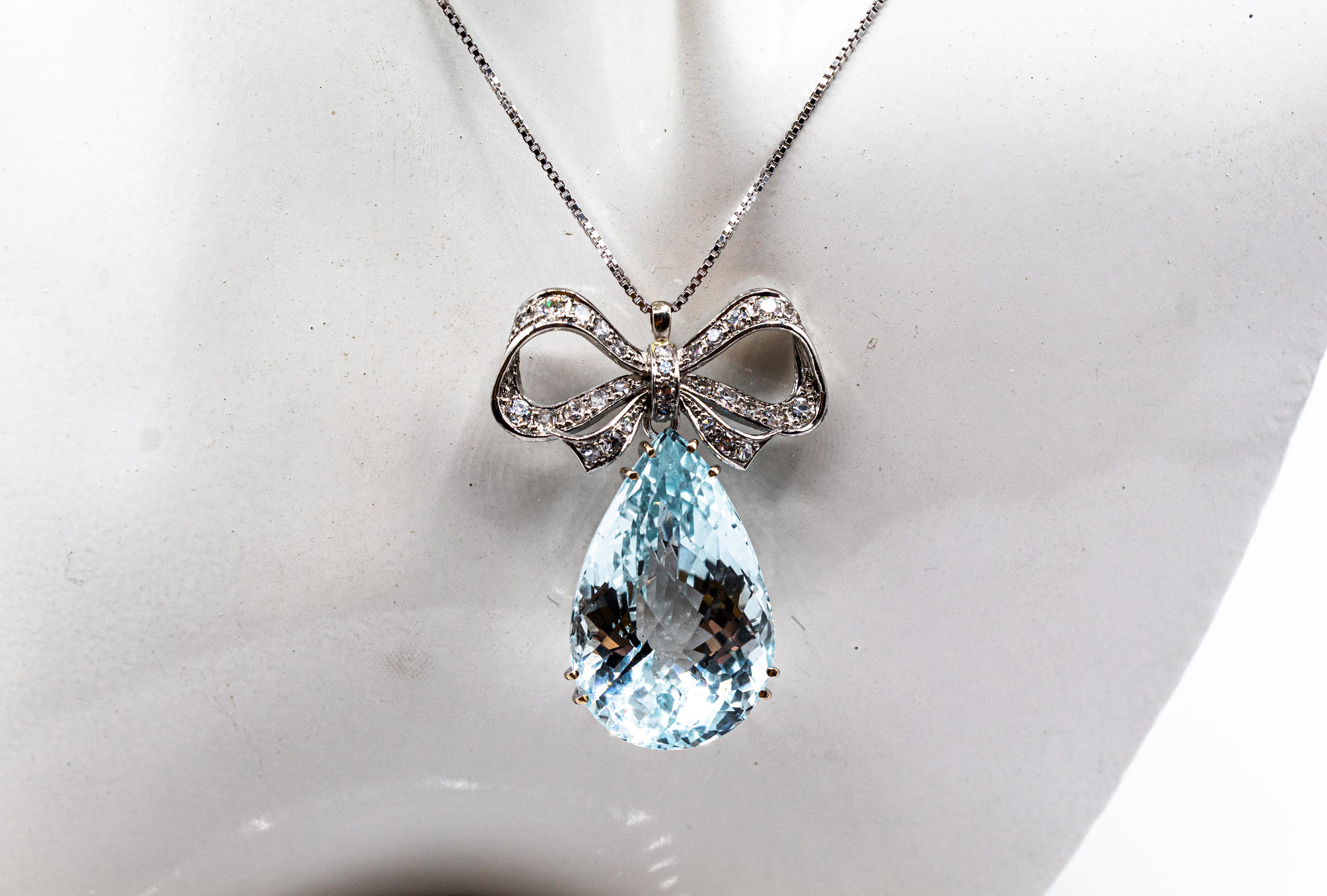 Art Deco Style White Diamond Pear Cut Blue Topaz White Gold Pendant Necklace 3