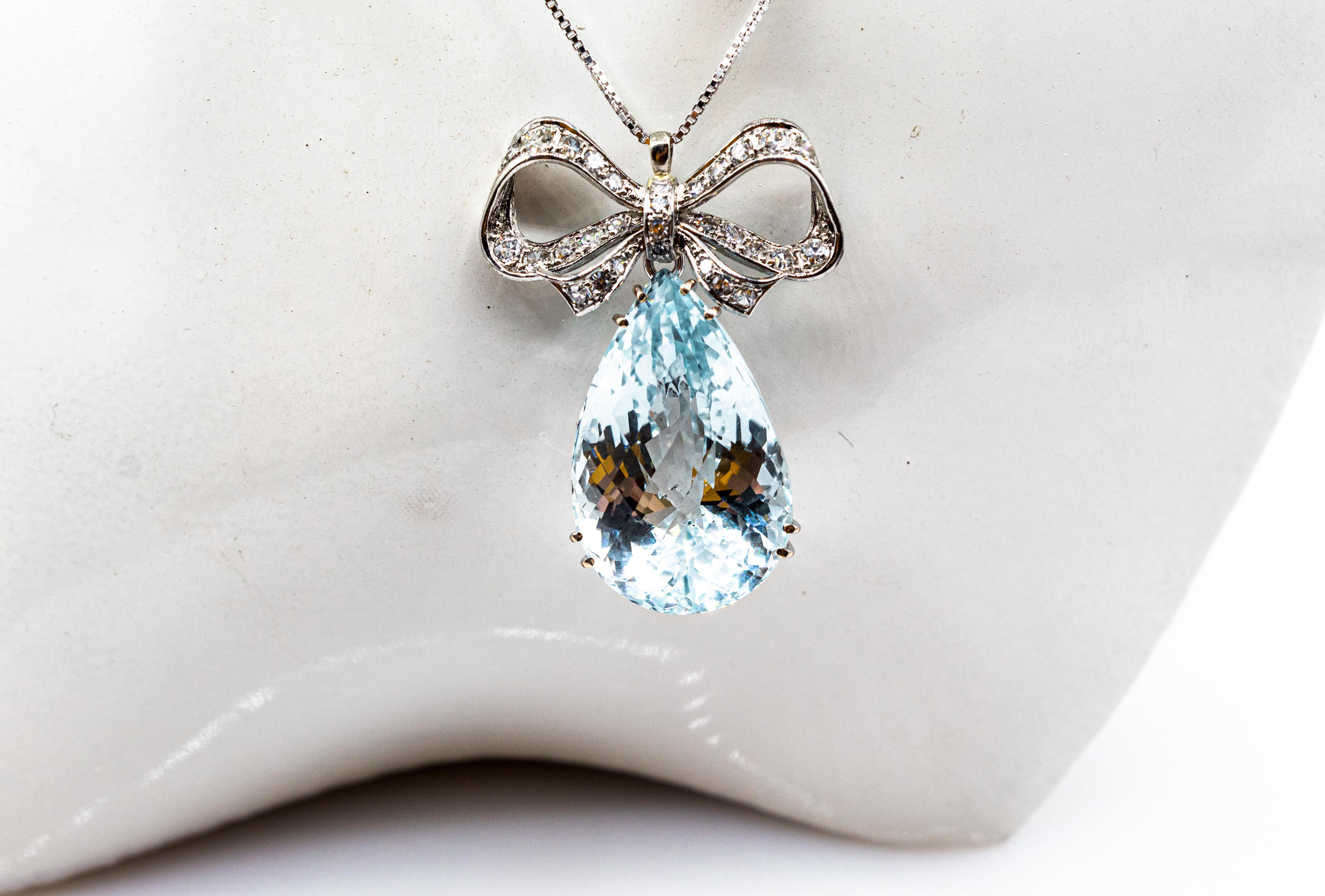 Art Deco Style White Diamond Pear Cut Blue Topaz White Gold Pendant Necklace 4