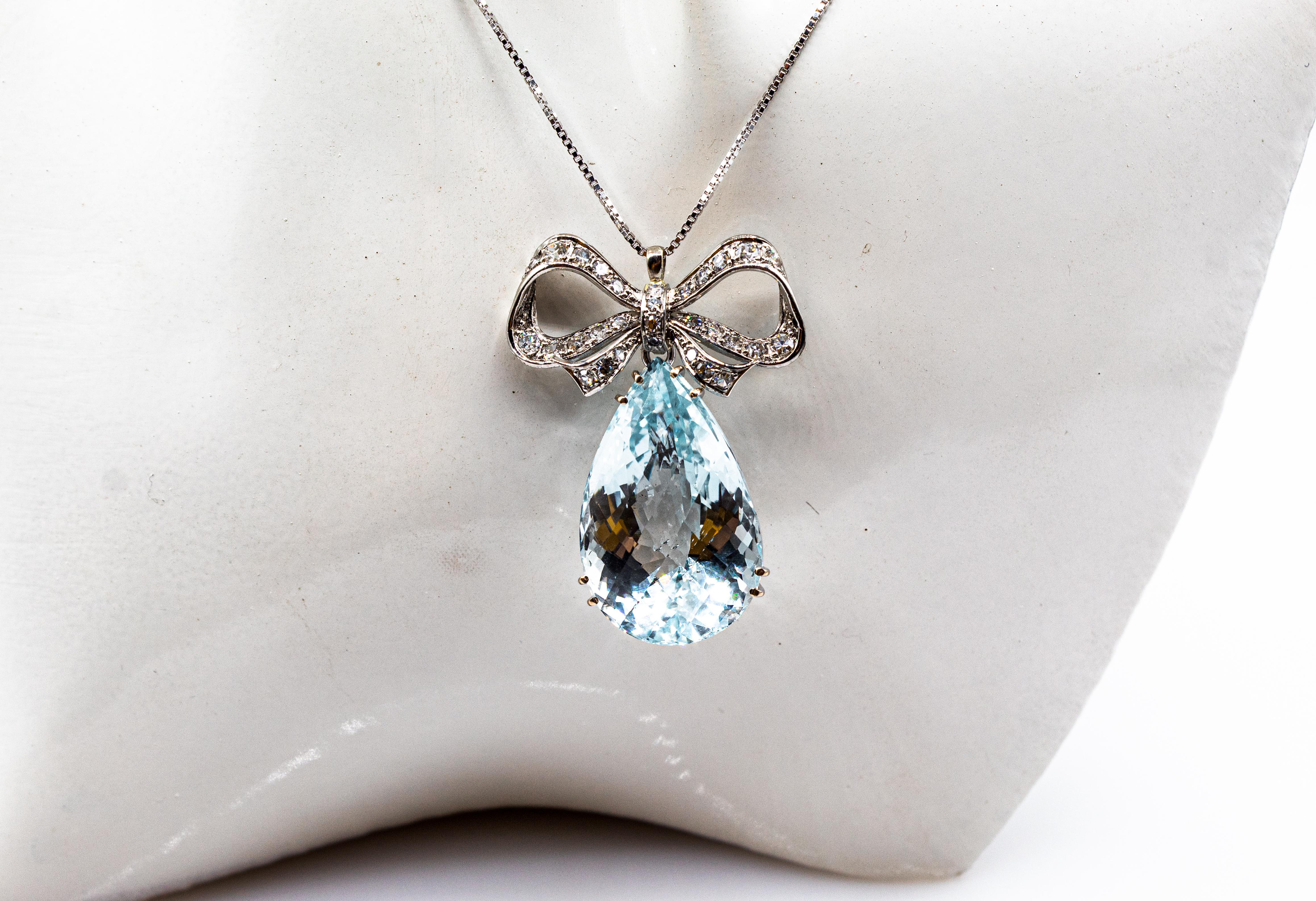 Art Deco Style White Diamond Pear Cut Blue Topaz White Gold Pendant Necklace 5