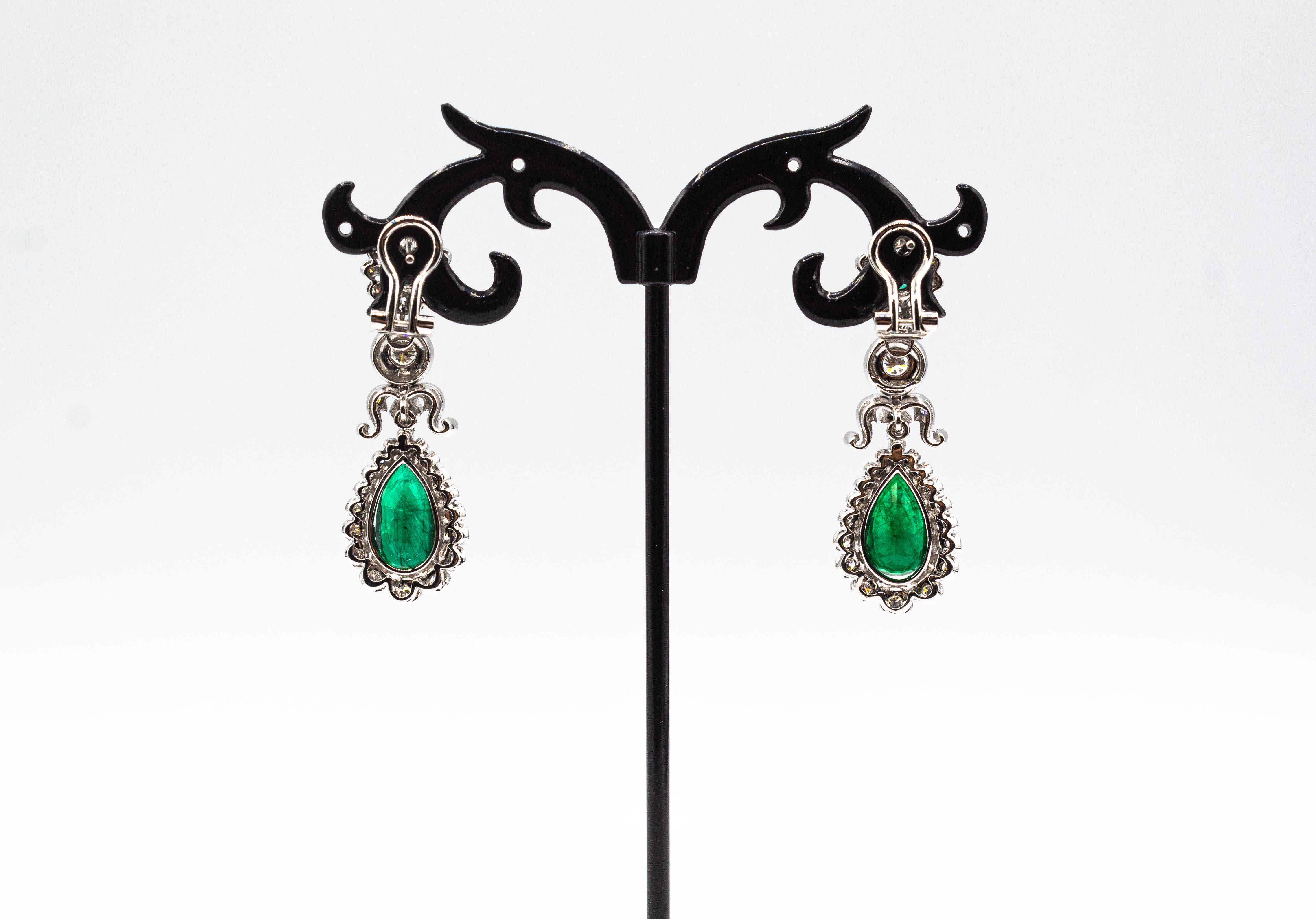 Art Deco Style White Diamond Pear Cut Emerald White Gold Clip-On Drop Earrings For Sale 1