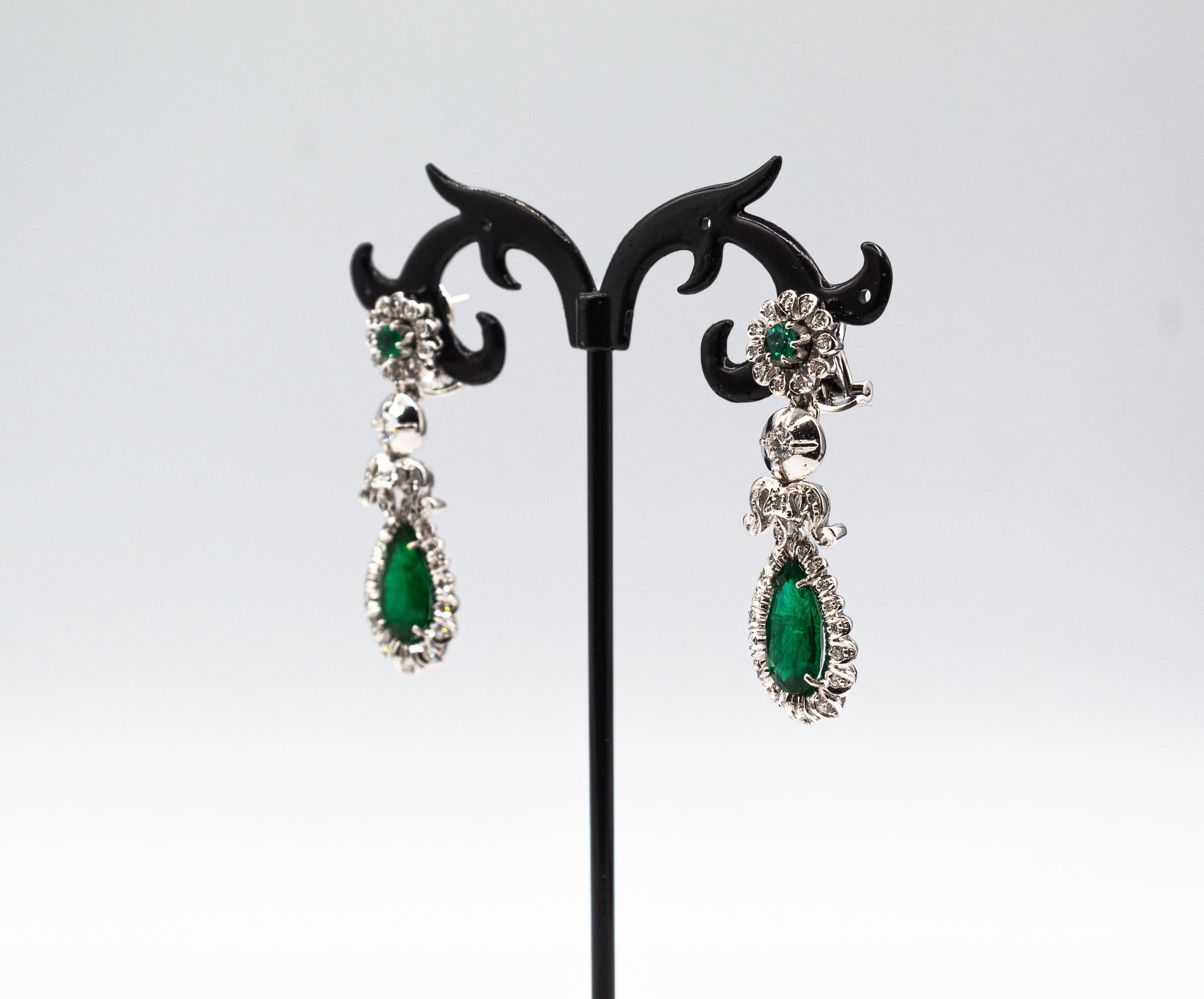 Art Deco Style White Diamond Pear Cut Emerald White Gold Clip-On Drop Earrings For Sale 2