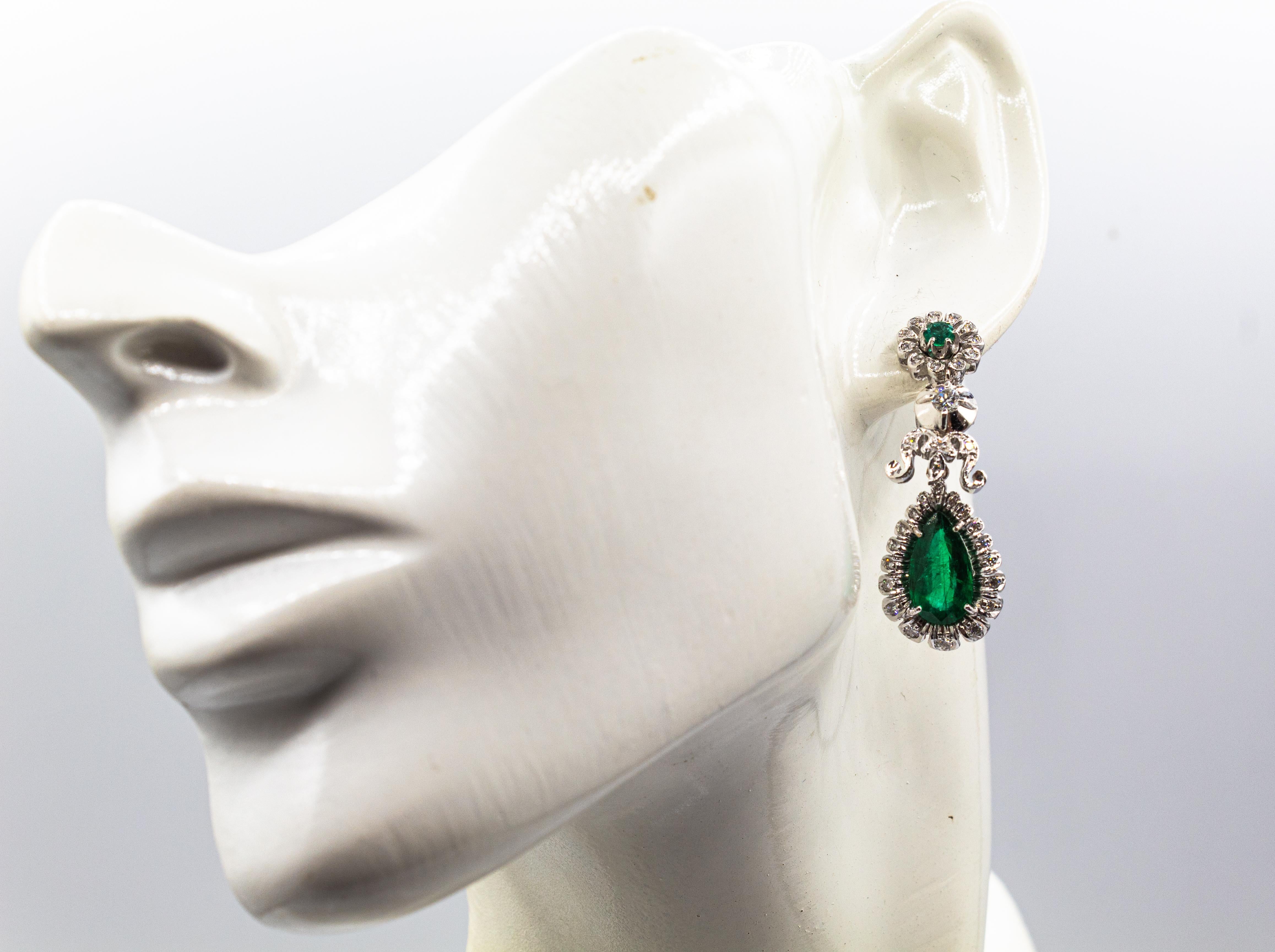 Art Deco Style White Diamond Pear Cut Emerald White Gold Clip-On Drop Earrings For Sale 3