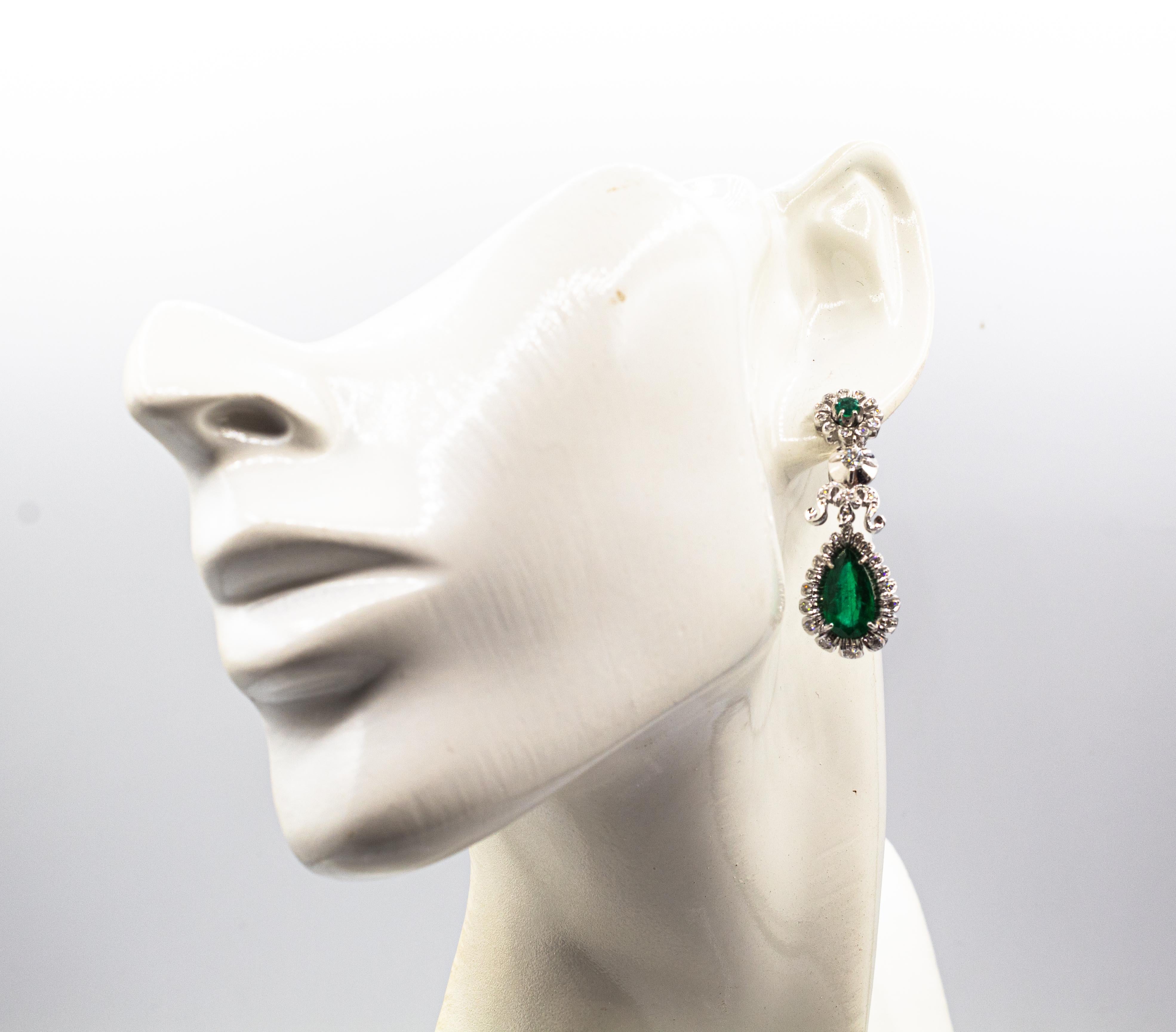 Art Deco Style White Diamond Pear Cut Emerald White Gold Clip-On Drop Earrings For Sale 4