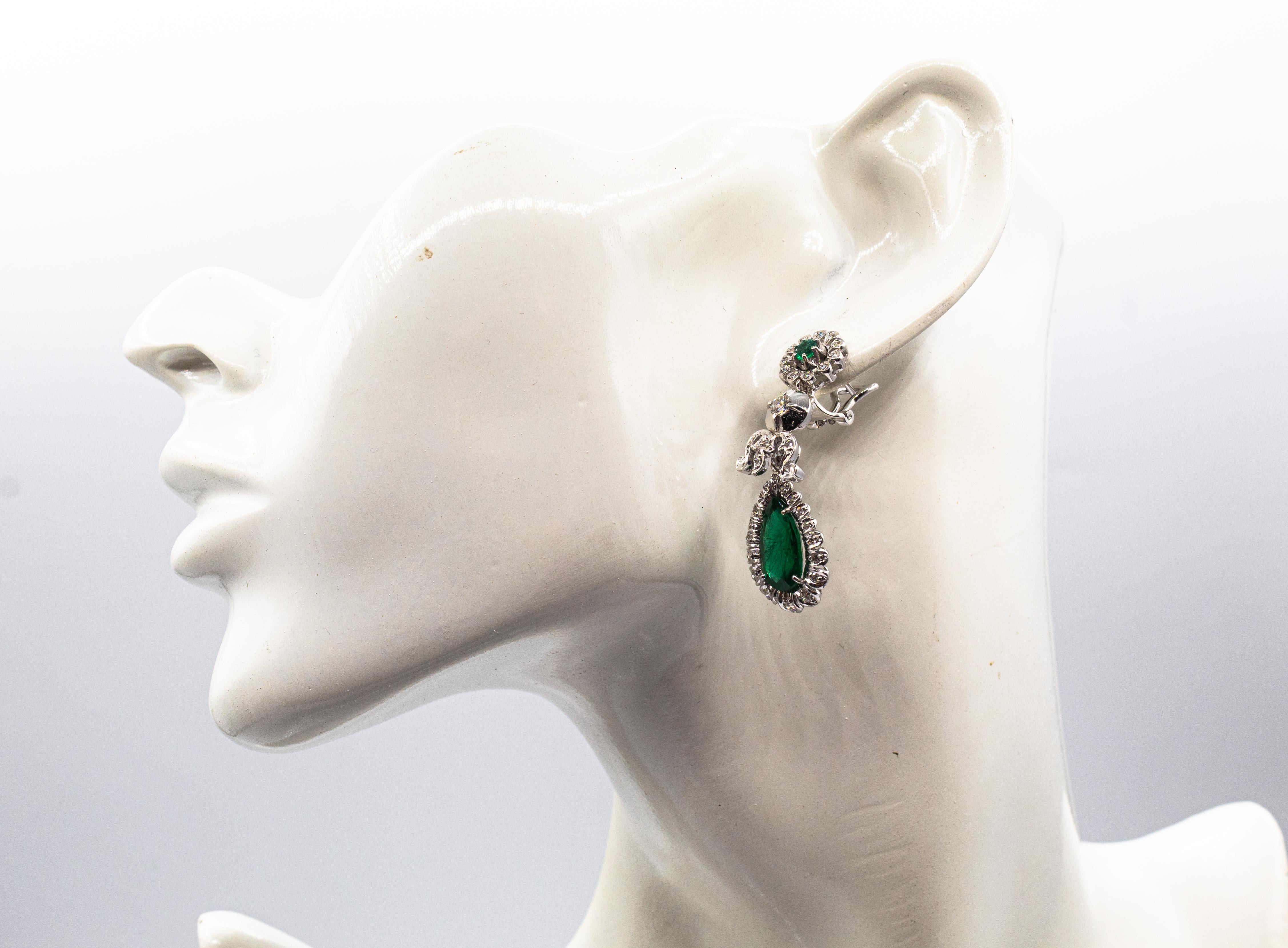 Art Deco Style White Diamond Pear Cut Emerald White Gold Clip-On Drop Earrings For Sale 5