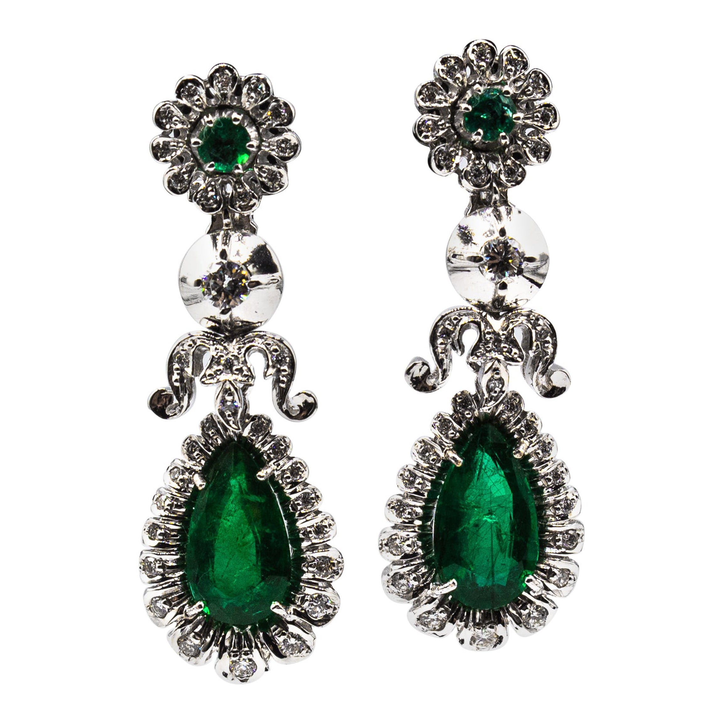Art Deco Style White Diamond Pear Cut Emerald White Gold Clip-On Drop Earrings