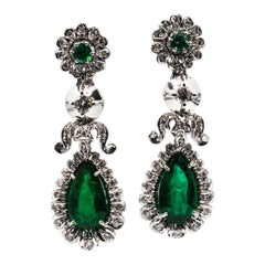 Art Deco Style White Diamond Pear Cut Emerald White Gold Clip-On Drop Earrings