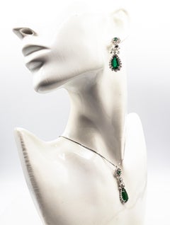 Art Deco Style White Diamond Pear Cut Emerald White Gold Pendant Necklace