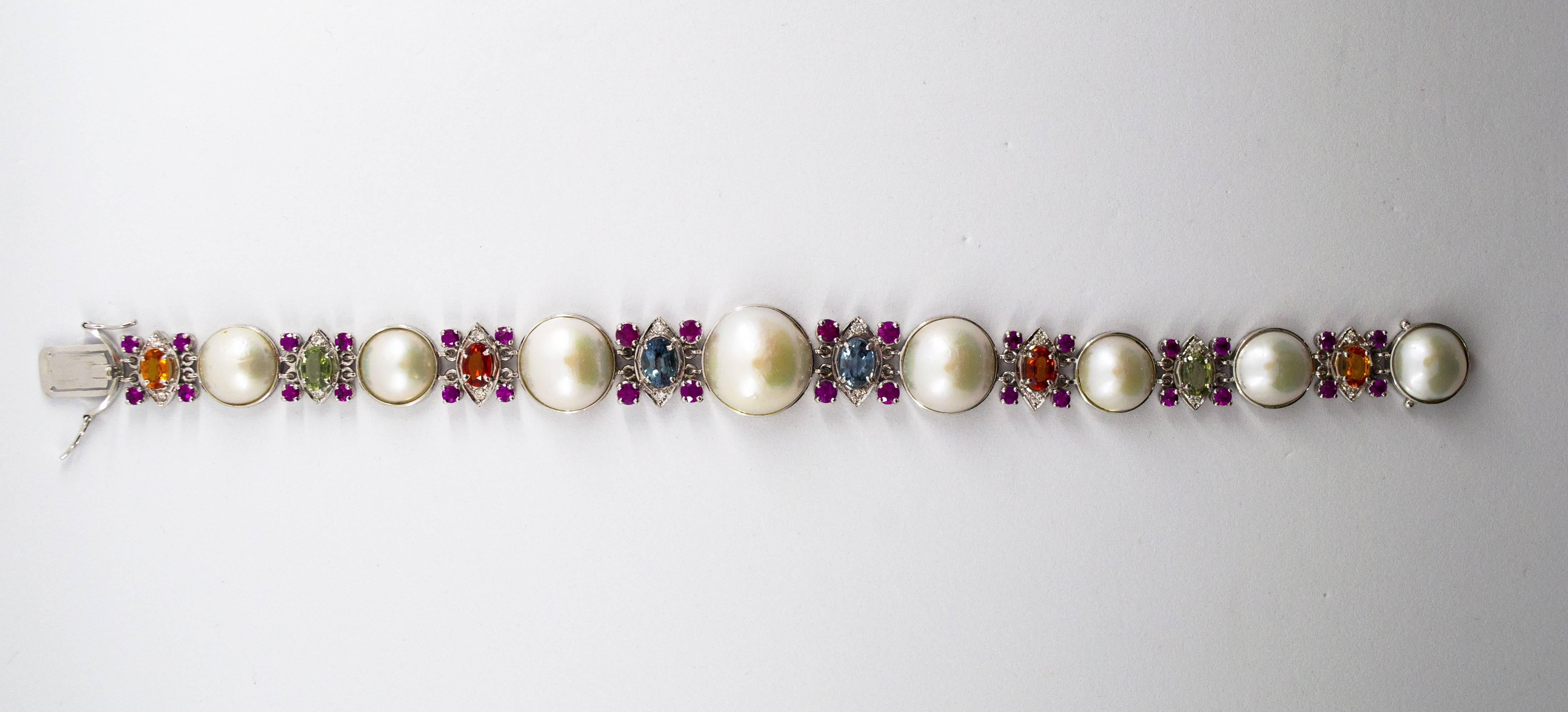 Art Deco Style White Diamond Pearl Ruby Yellow Blue Sapphire White Gold Bracelet In New Condition In Naples, IT