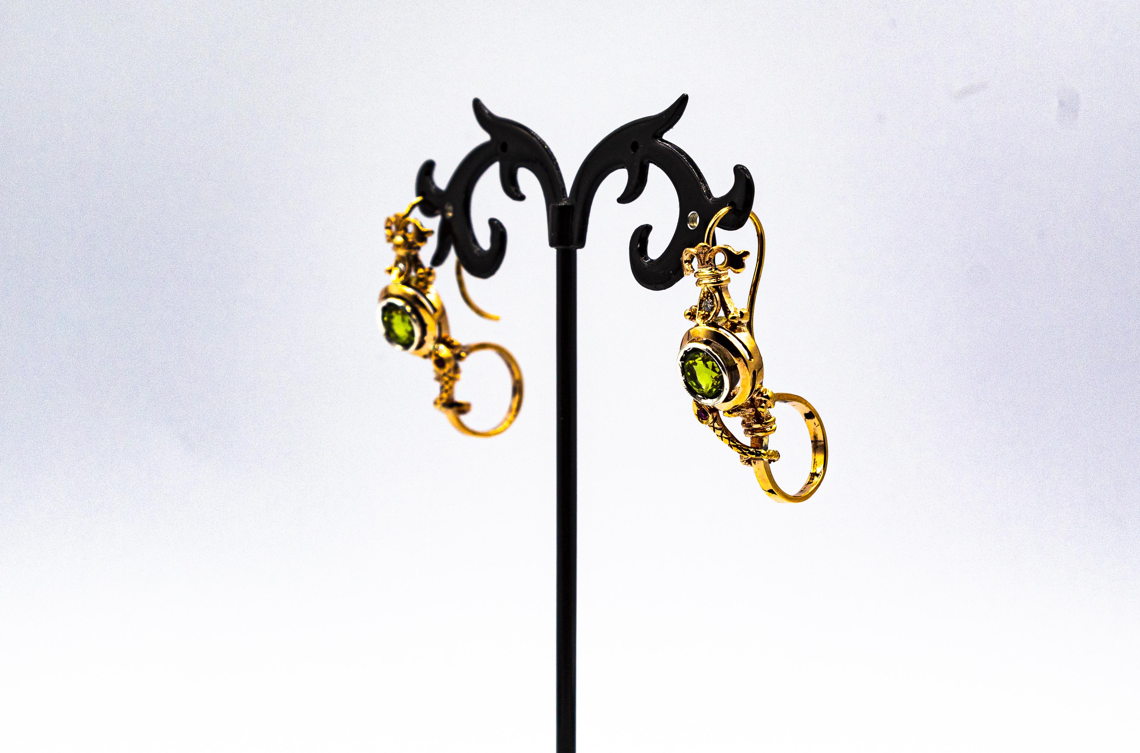 Art Deco Style White Diamond Peridot Ruby Yellow Gold Stud Drop Earrings For Sale 5