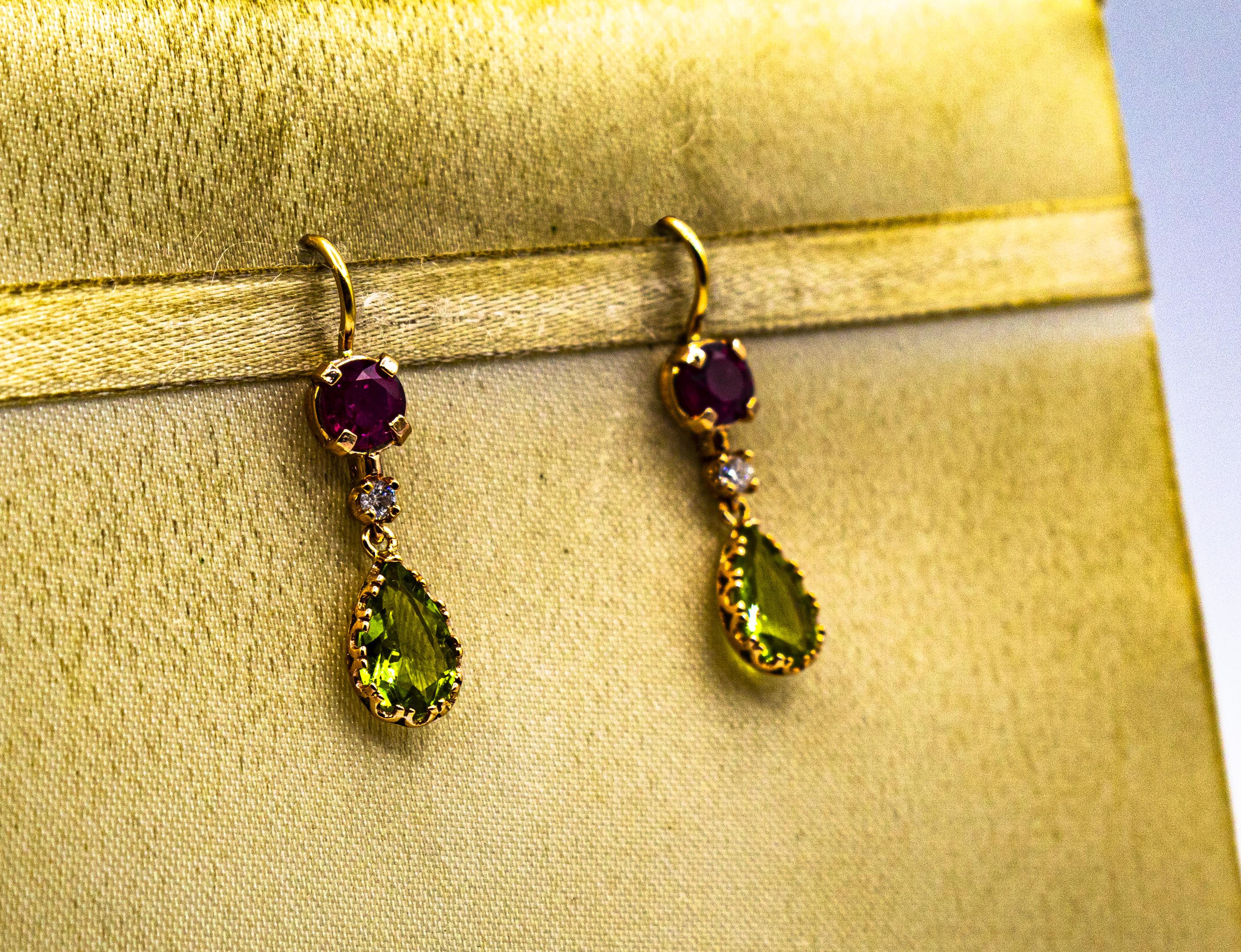 Women's or Men's Art Deco Style White Diamond Peridot Ruby Yellow Gold Stud Drop Earrings For Sale