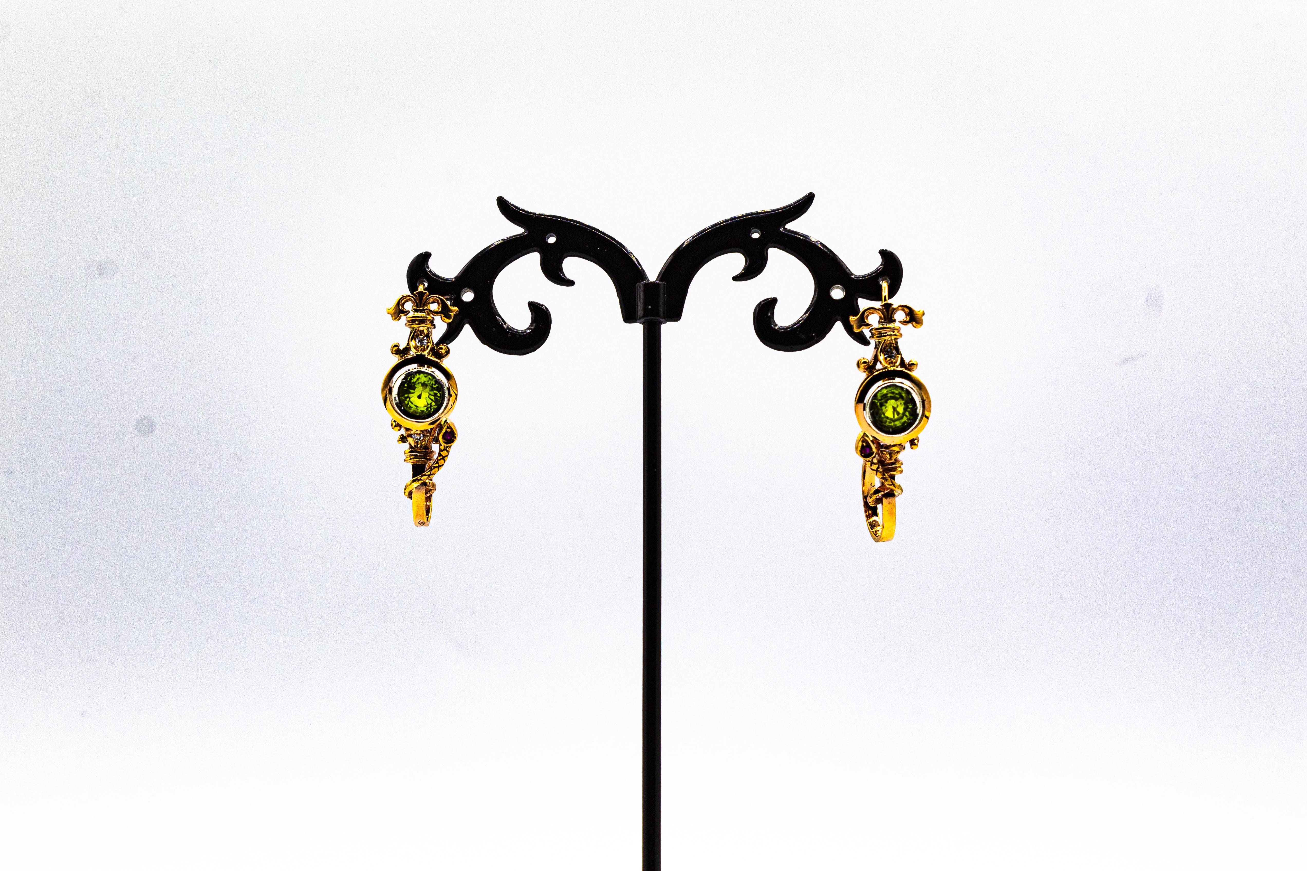 Art Deco Style White Diamond Peridot Ruby Yellow Gold Stud Drop Earrings For Sale 1