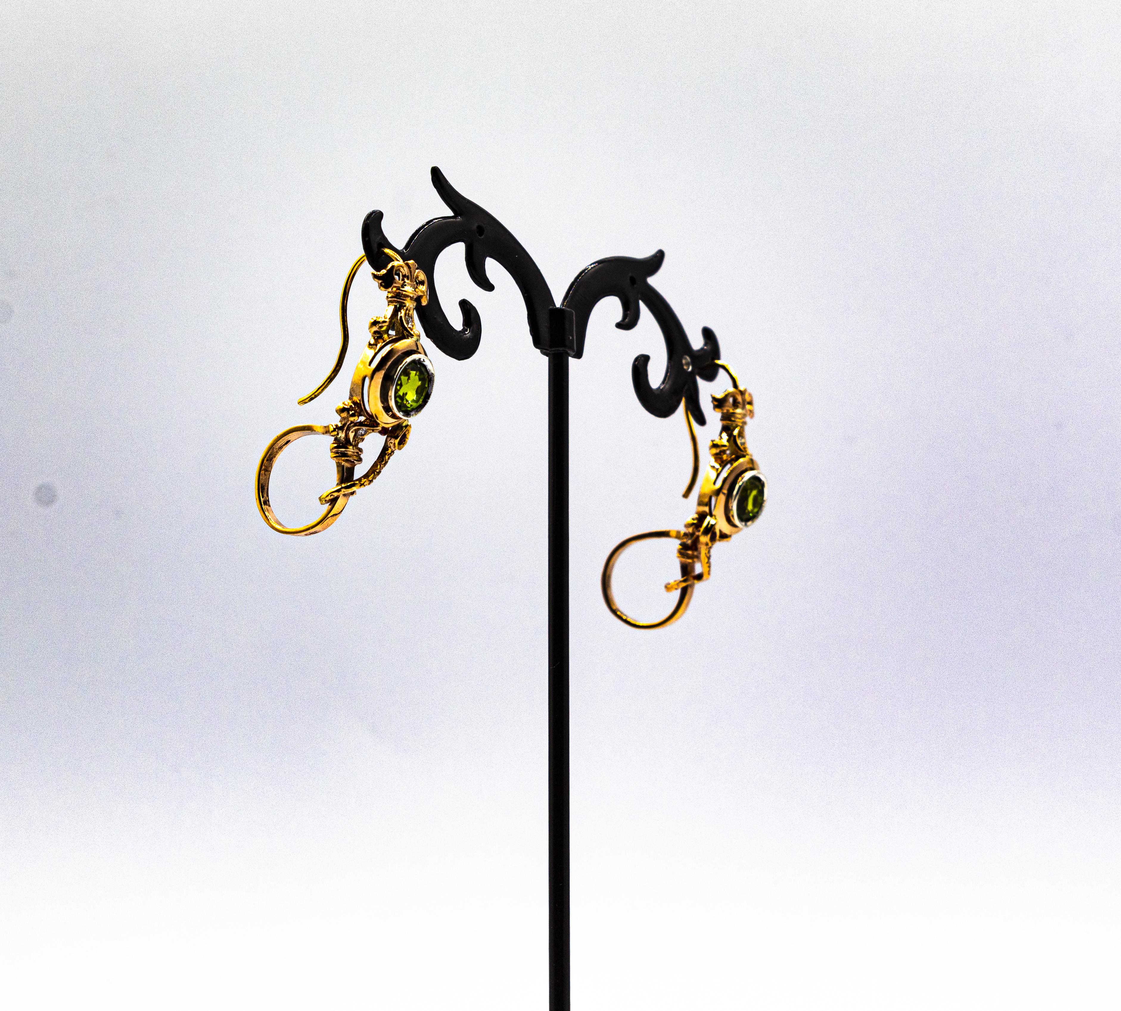 Art Deco Style White Diamond Peridot Ruby Yellow Gold Stud Drop Earrings For Sale 3