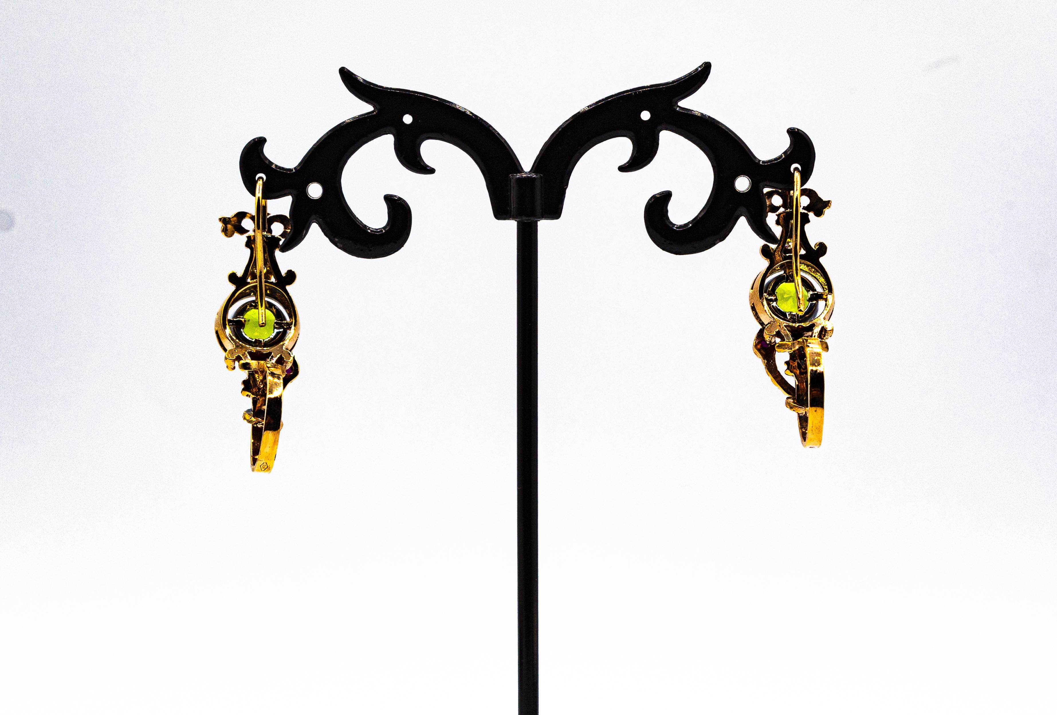 Art Deco Style White Diamond Peridot Ruby Yellow Gold Stud Drop Earrings For Sale 4