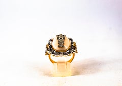 Art Deco Style White Diamond Pink Coral Aquamarine Yellow Gold Cocktail Ring