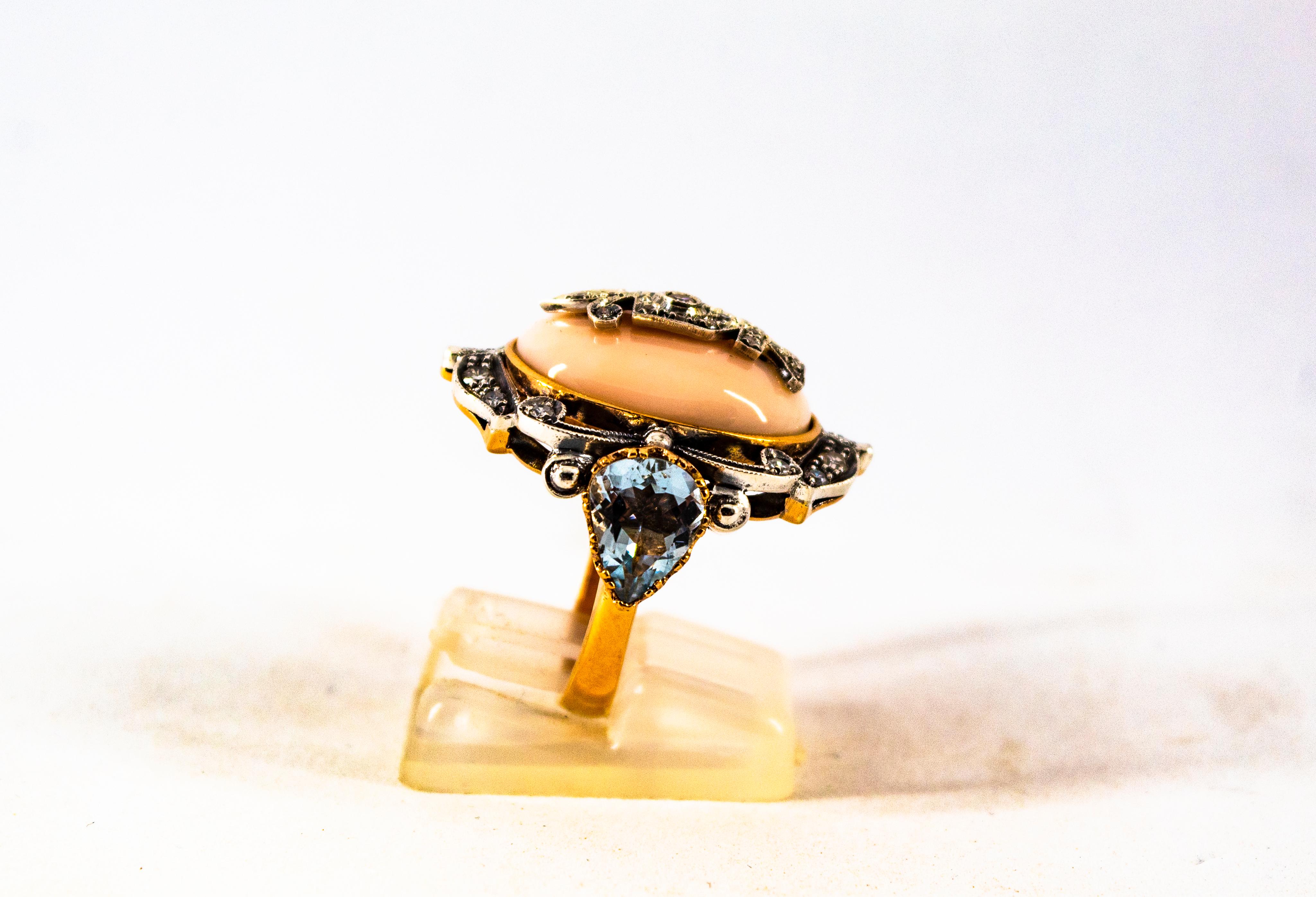 Art Deco Style White Diamond Pink Coral Aquamarine Yellow Gold Cocktail Ring For Sale 2
