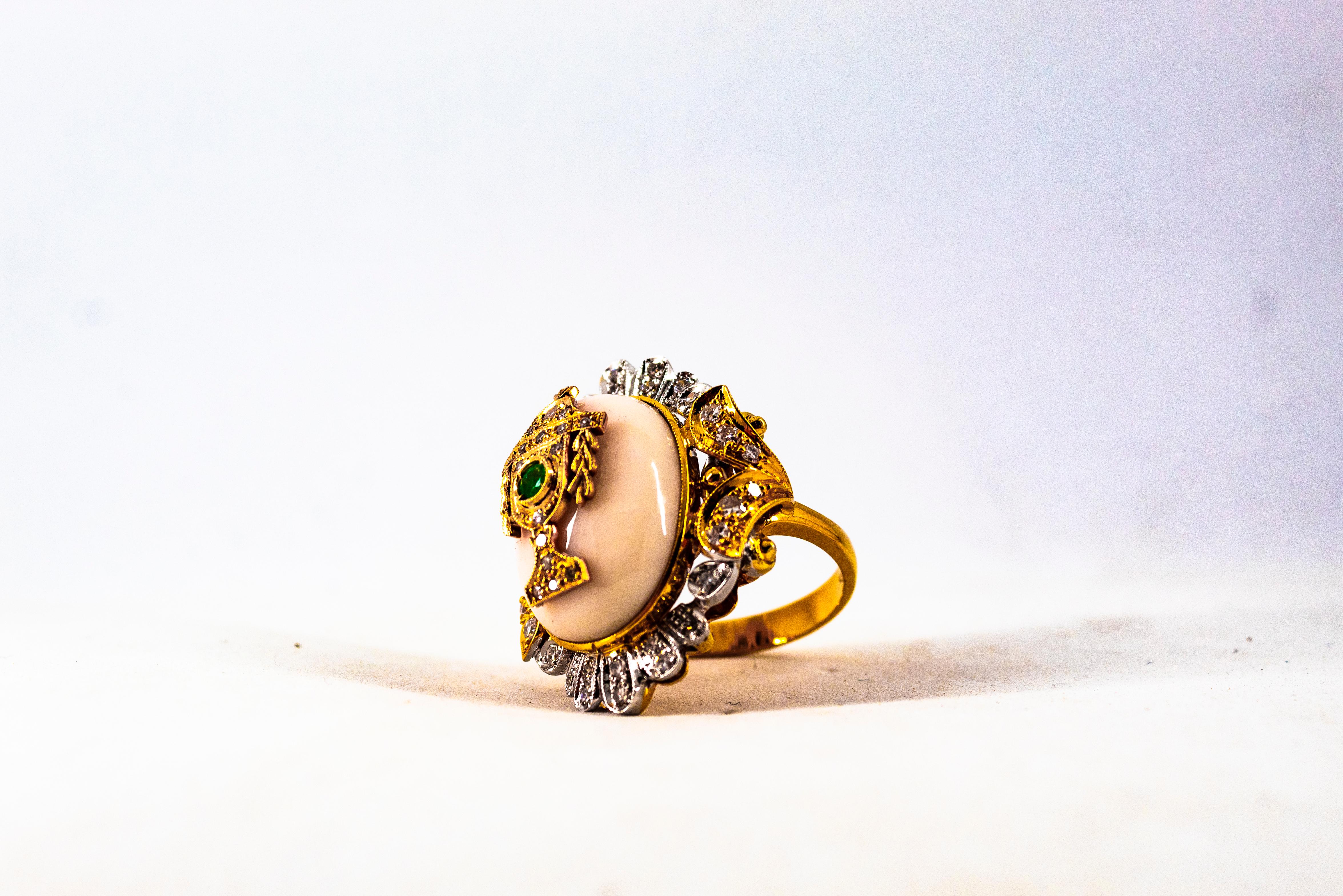 Art Deco Style White Diamond Pink Coral Emerald Yellow Gold Cocktail Ring For Sale 5