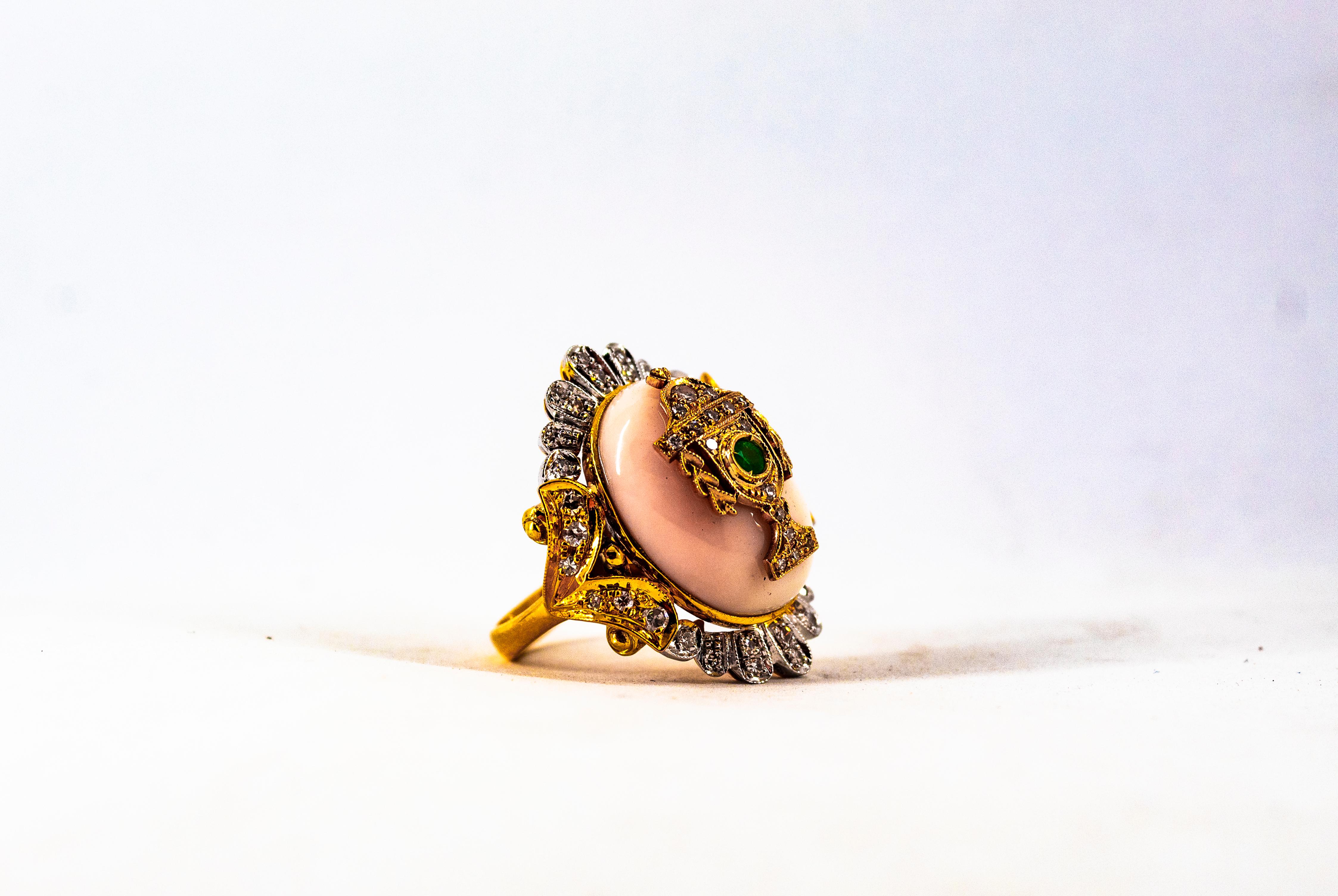 Art Deco Style White Diamond Pink Coral Emerald Yellow Gold Cocktail Ring For Sale 7