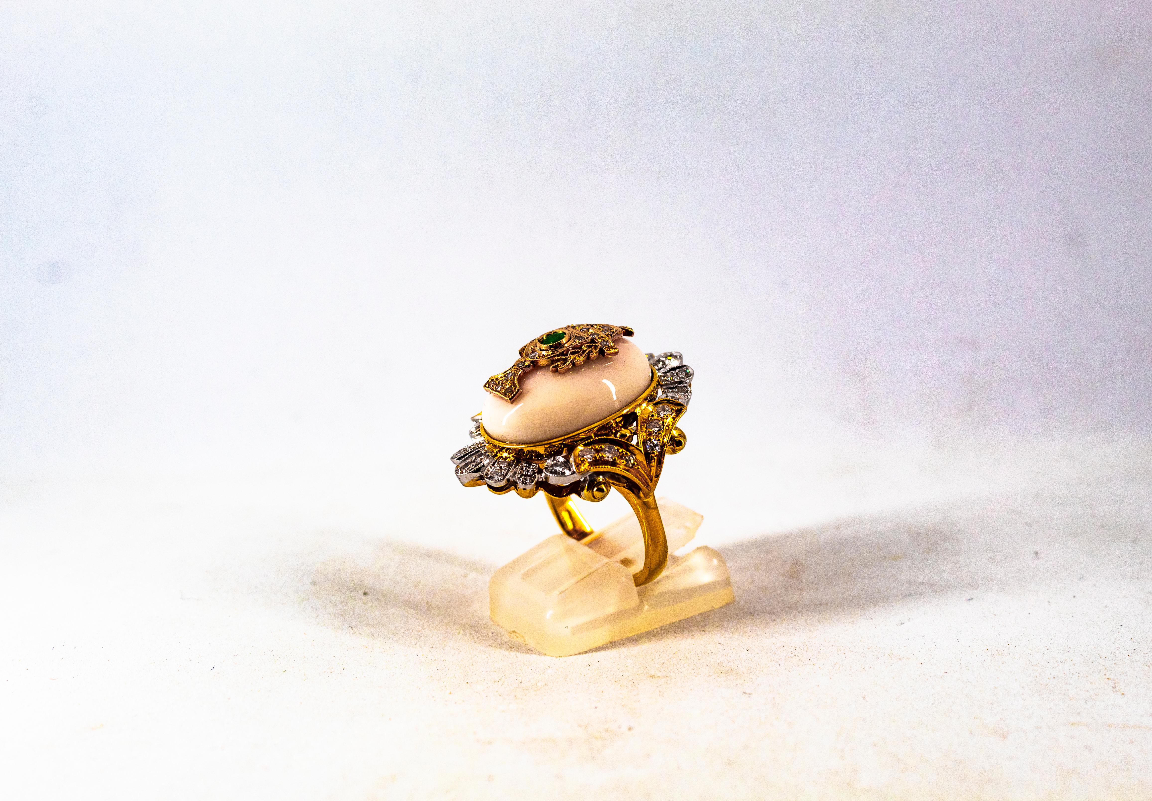 Brilliant Cut Art Deco Style White Diamond Pink Coral Emerald Yellow Gold Cocktail Ring For Sale