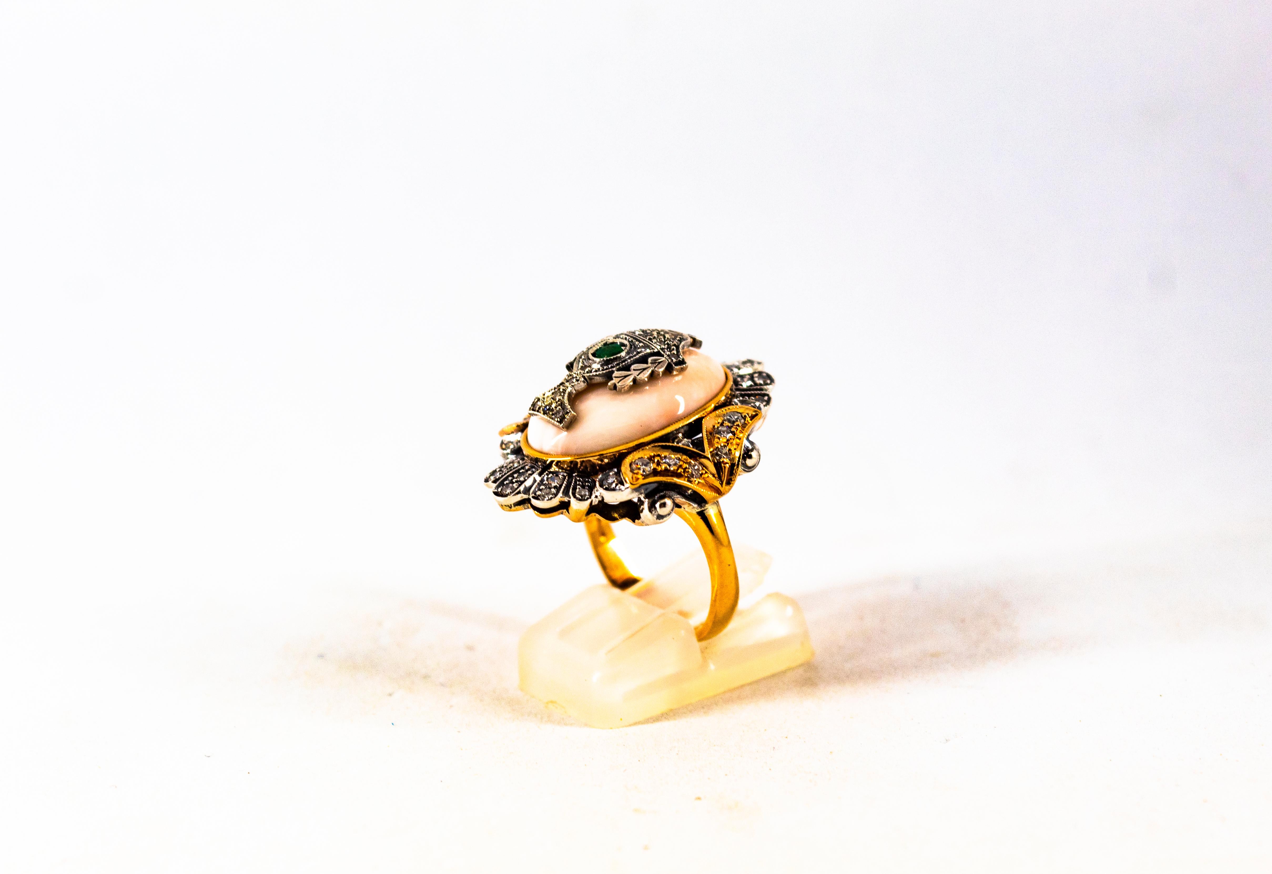 Brilliant Cut Art Deco Style White Diamond Pink Coral Emerald Yellow Gold Cocktail Ring For Sale