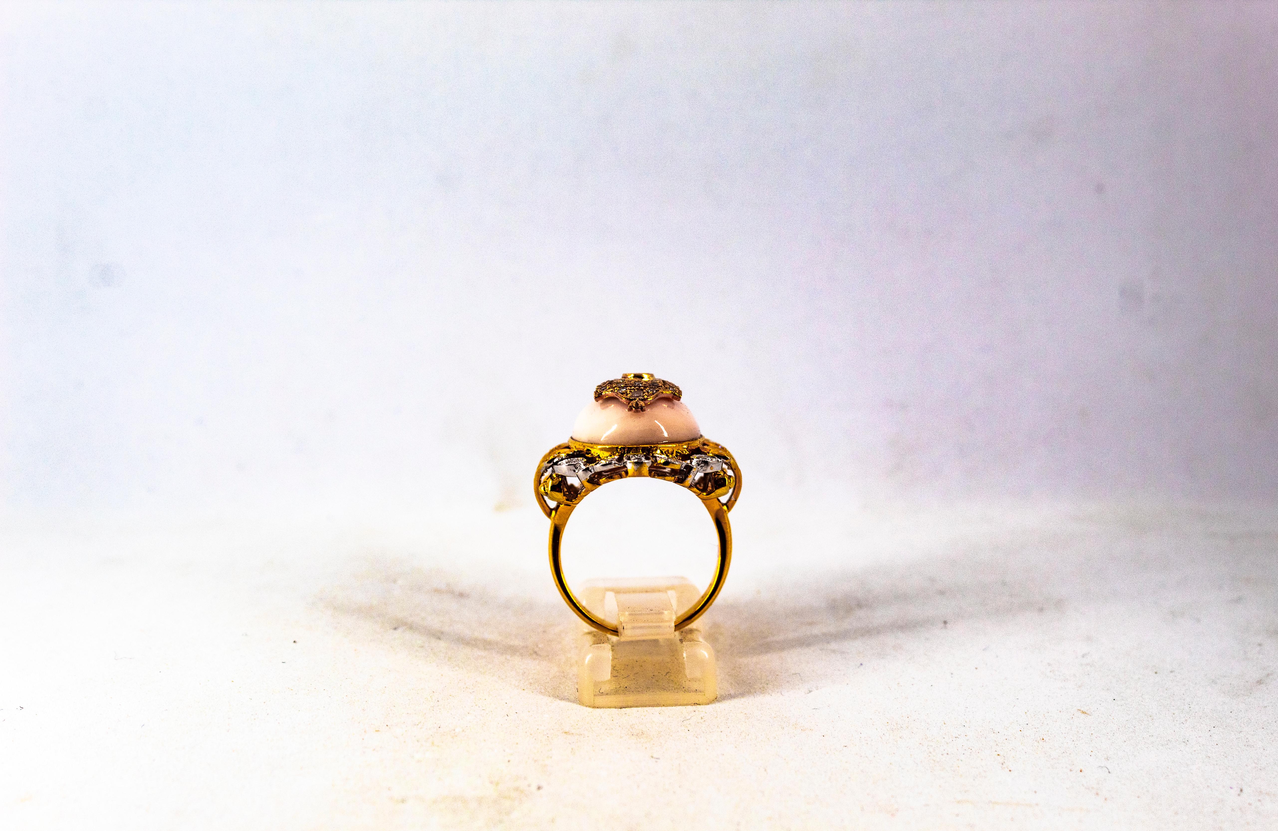 Art Deco Style White Diamond Pink Coral Emerald Yellow Gold Cocktail Ring For Sale 1