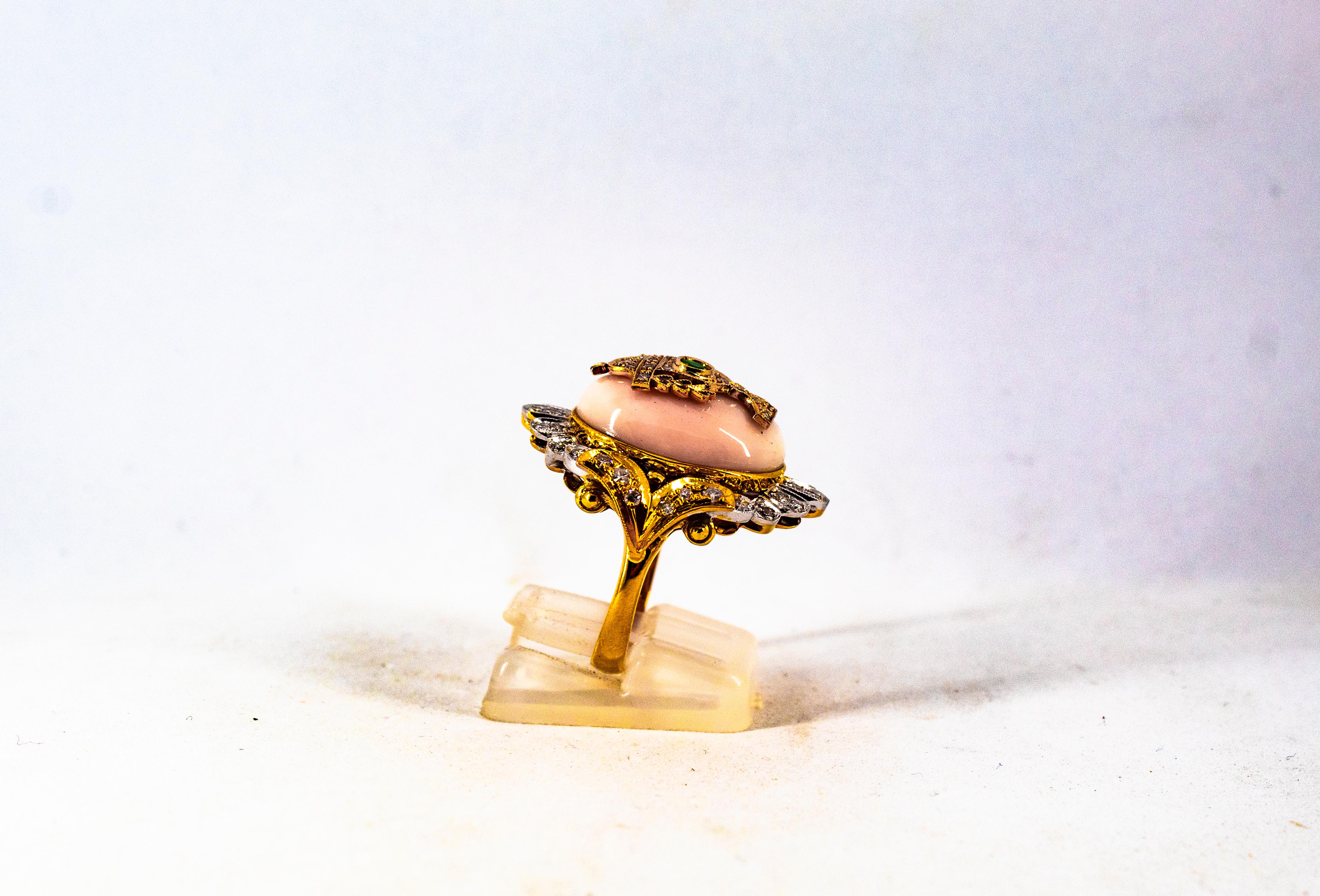 Art Deco Style White Diamond Pink Coral Emerald Yellow Gold Cocktail Ring For Sale 2