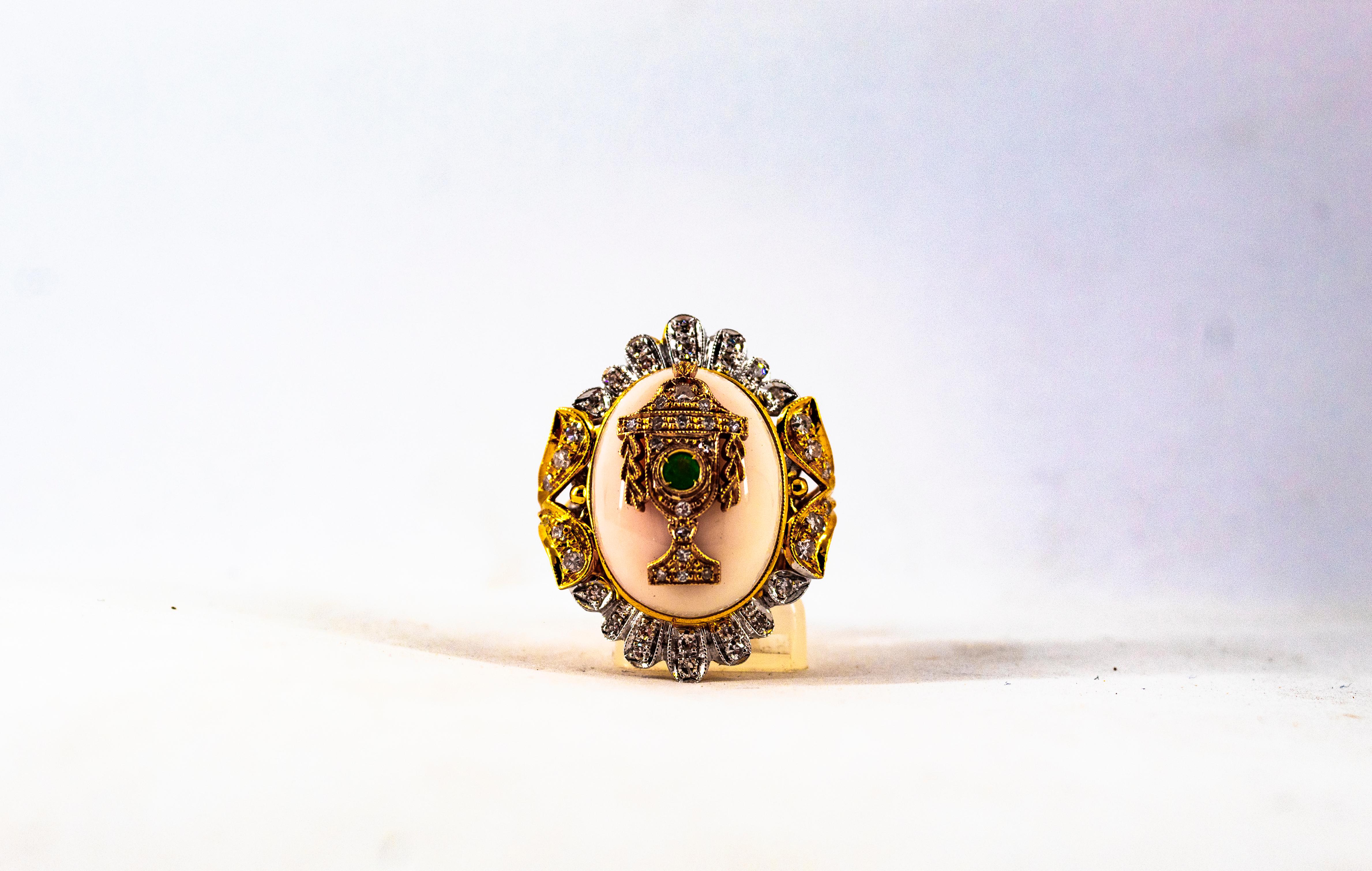 Art Deco Style White Diamond Pink Coral Emerald Yellow Gold Cocktail Ring For Sale 3