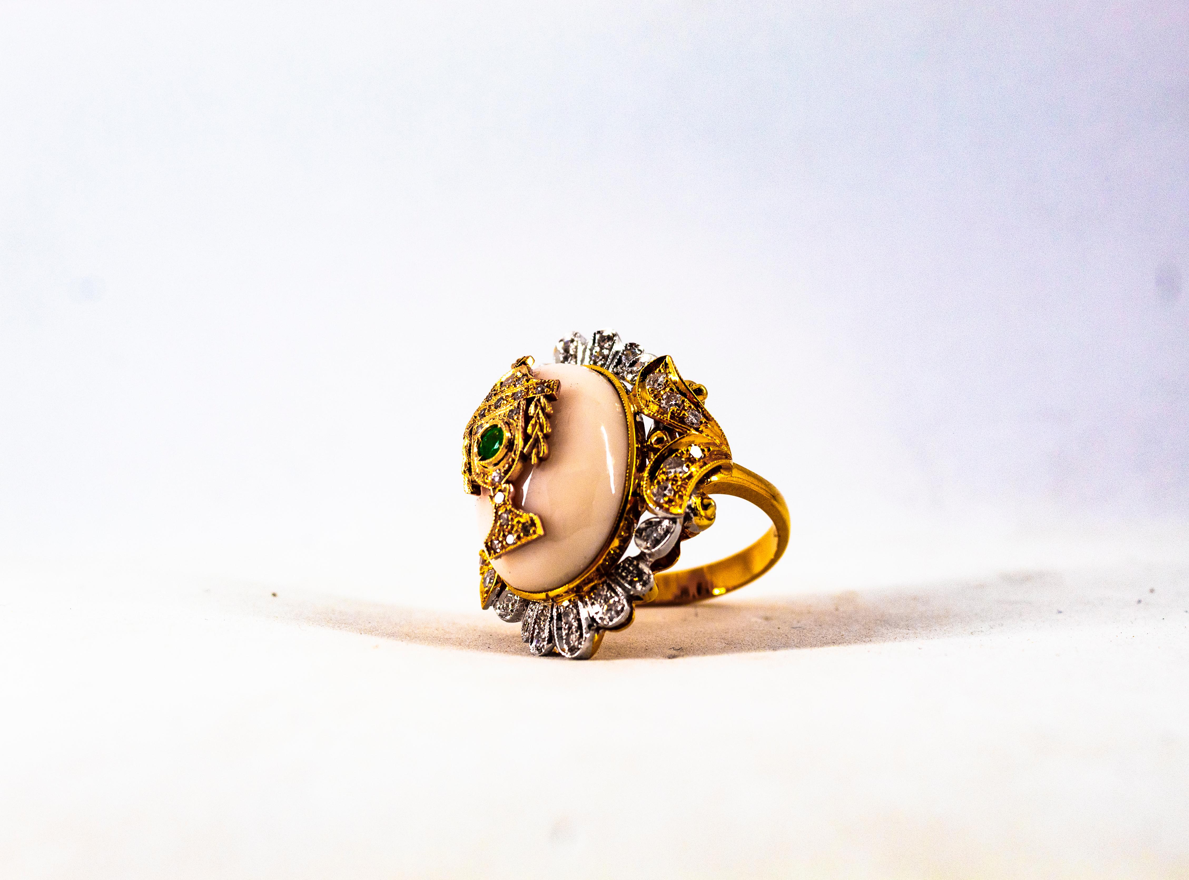 Art Deco Style White Diamond Pink Coral Emerald Yellow Gold Cocktail Ring For Sale 4