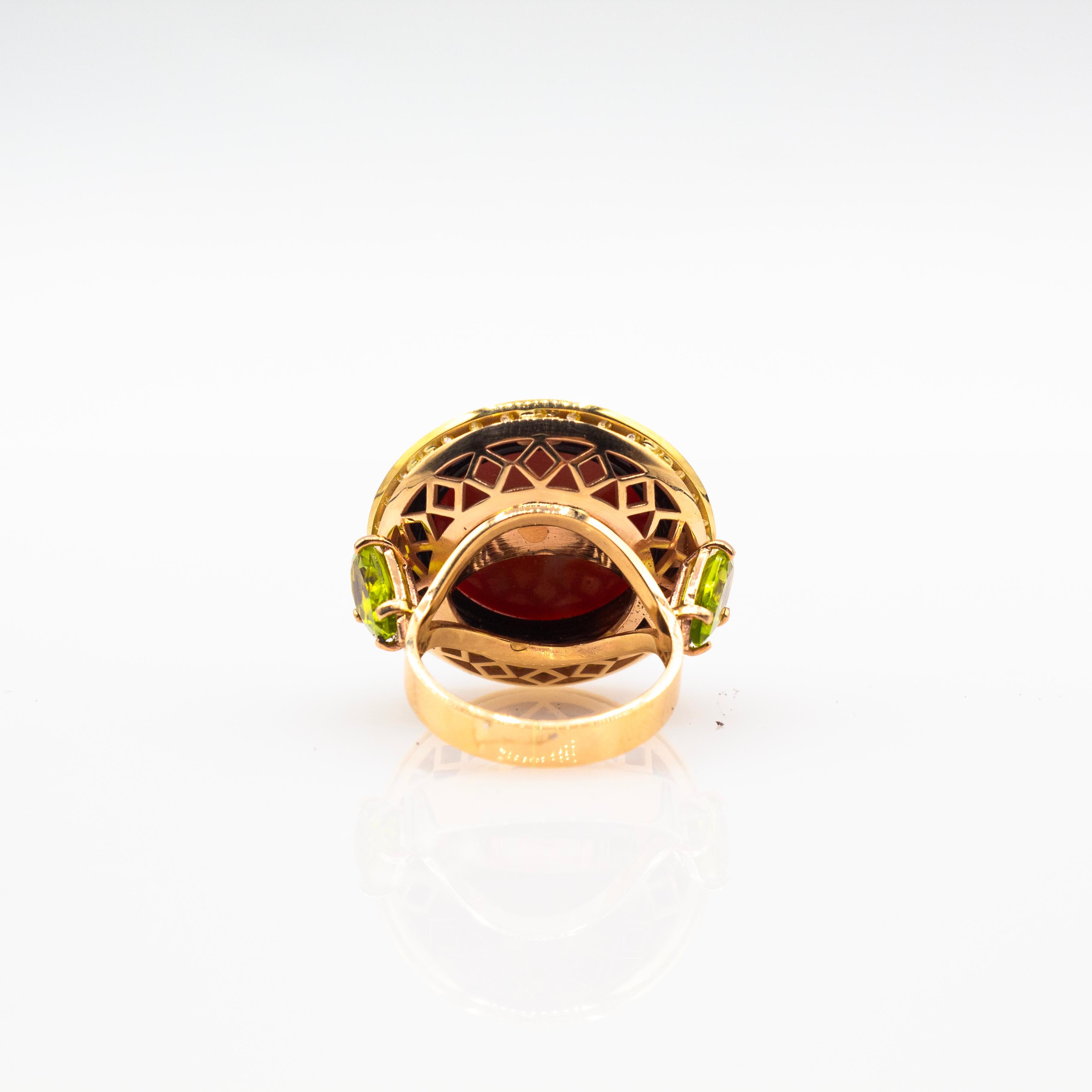 Art Deco Style White Diamond Red Coral Peridot Onyx Yellow Gold Cocktail Ring 5