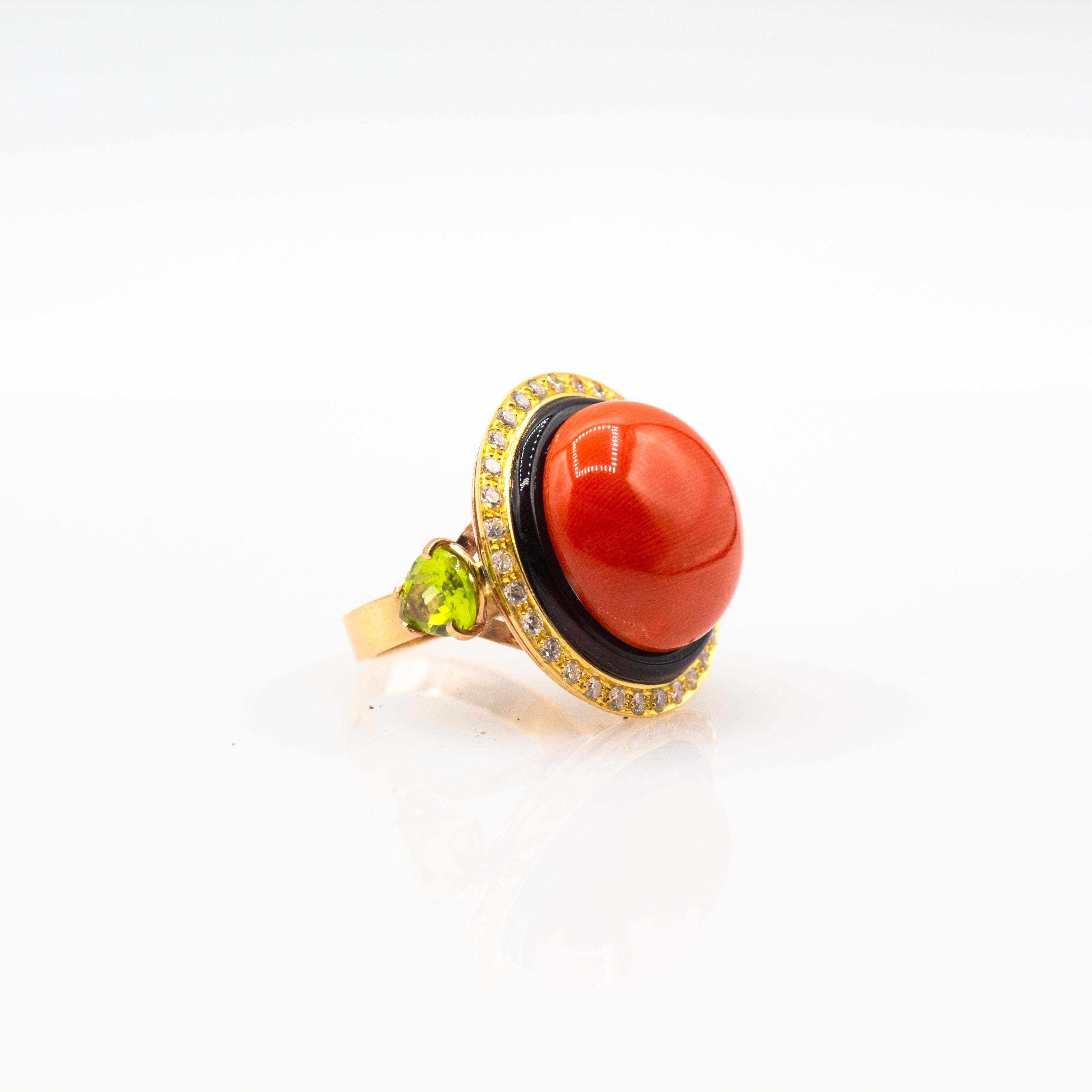 Art Deco Style White Diamond Red Coral Peridot Onyx Yellow Gold Cocktail Ring 6