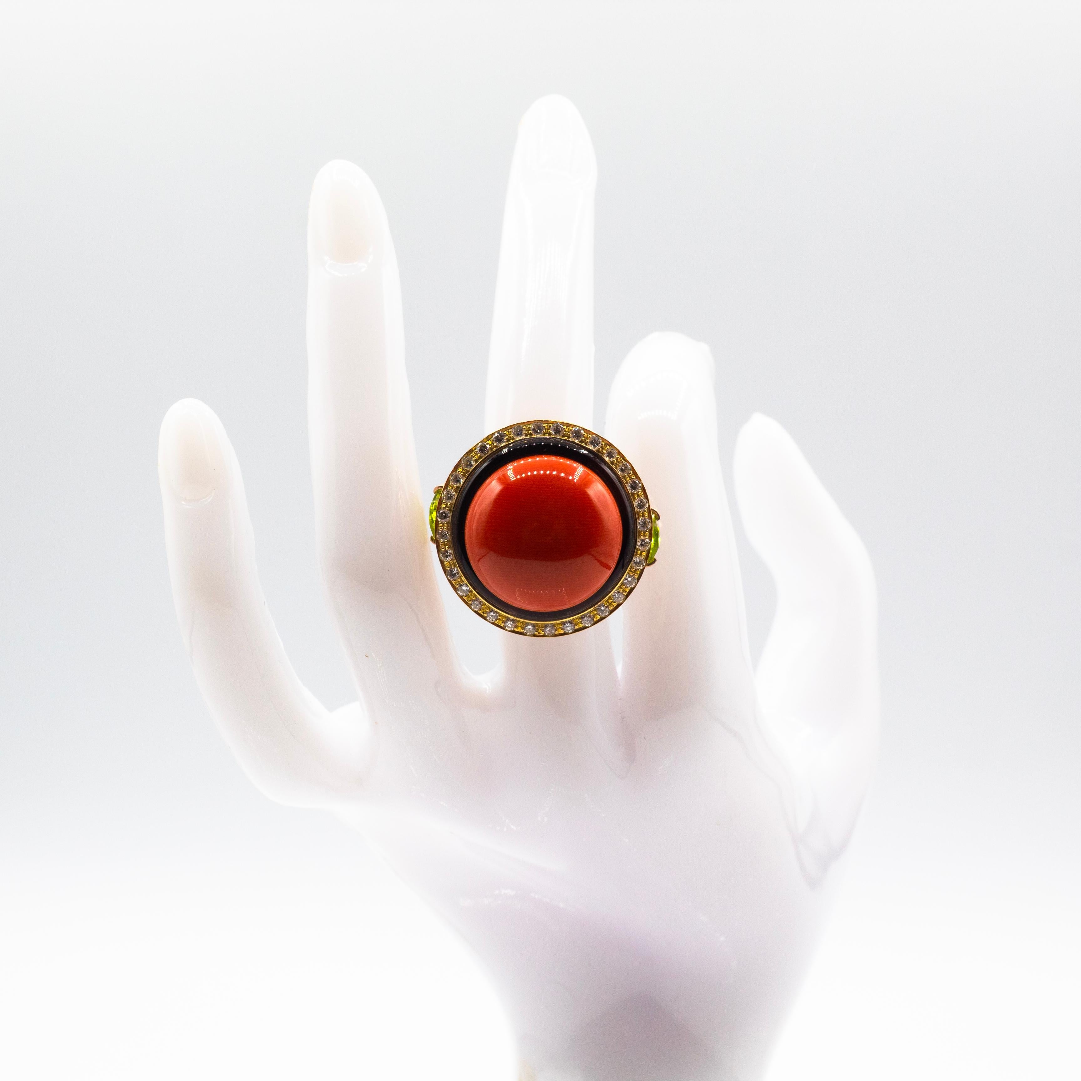 Art Deco Style White Diamond Red Coral Peridot Onyx Yellow Gold Cocktail Ring 7