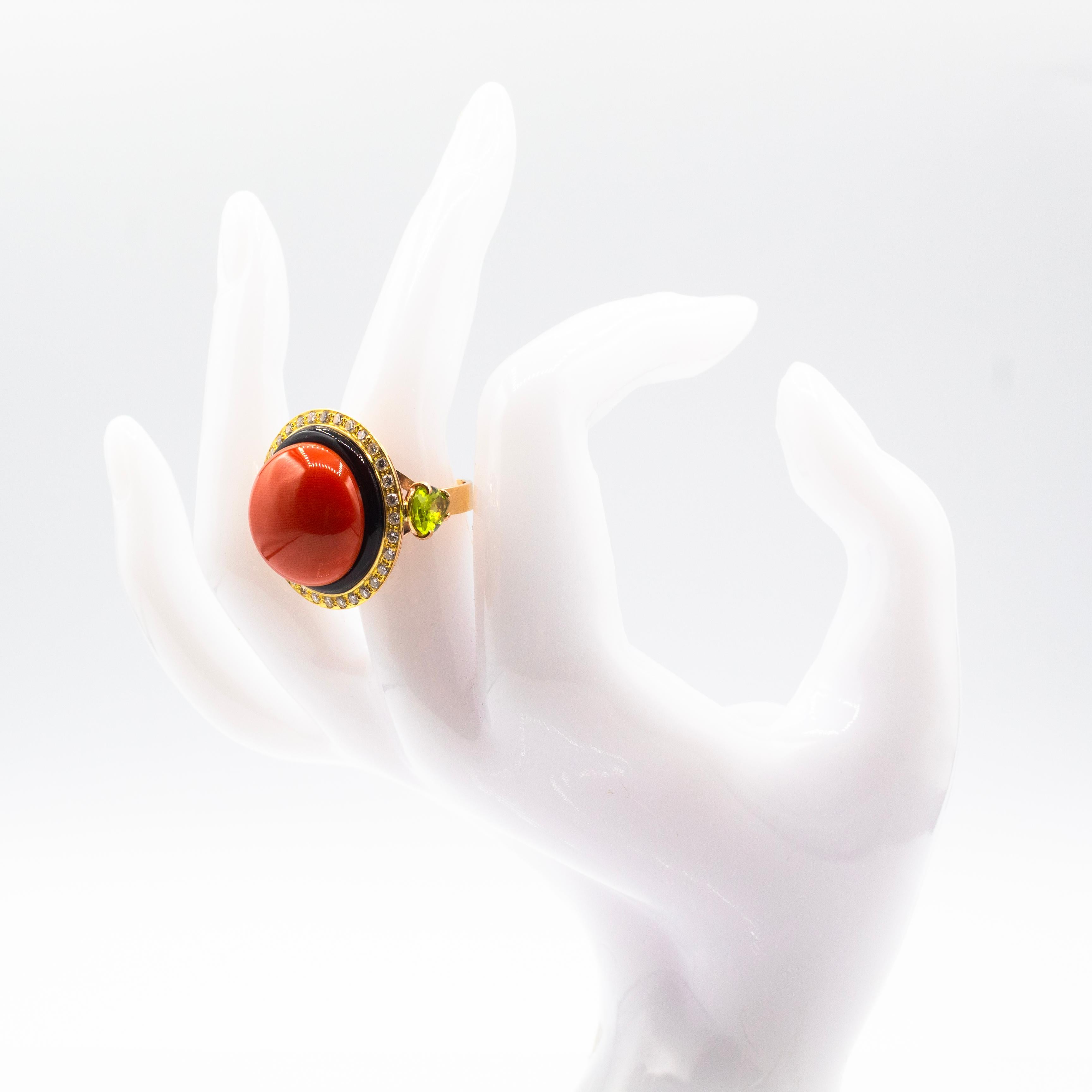 Art Deco Style White Diamond Red Coral Peridot Onyx Yellow Gold Cocktail Ring 8