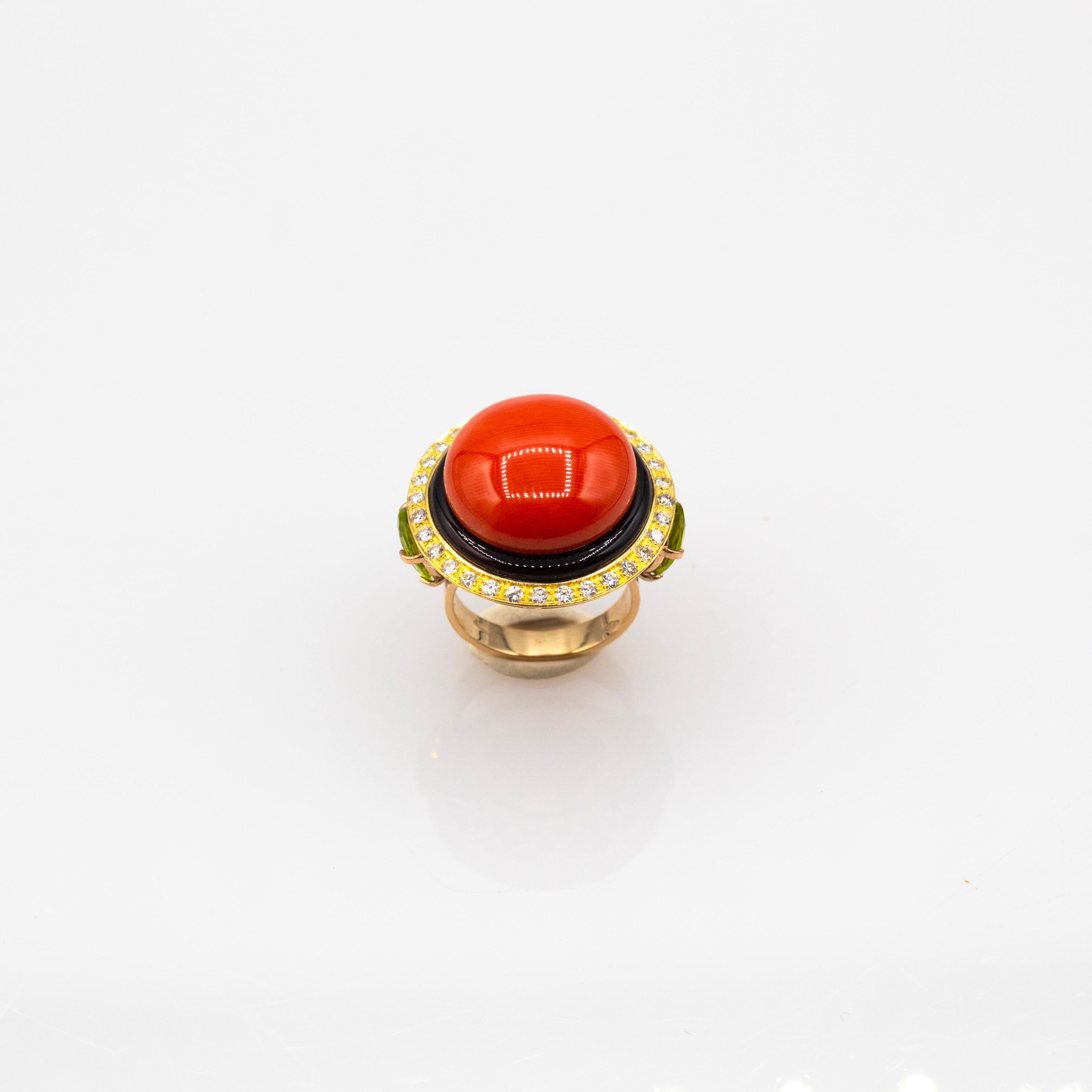 Brilliant Cut Art Deco Style White Diamond Red Coral Peridot Onyx Yellow Gold Cocktail Ring