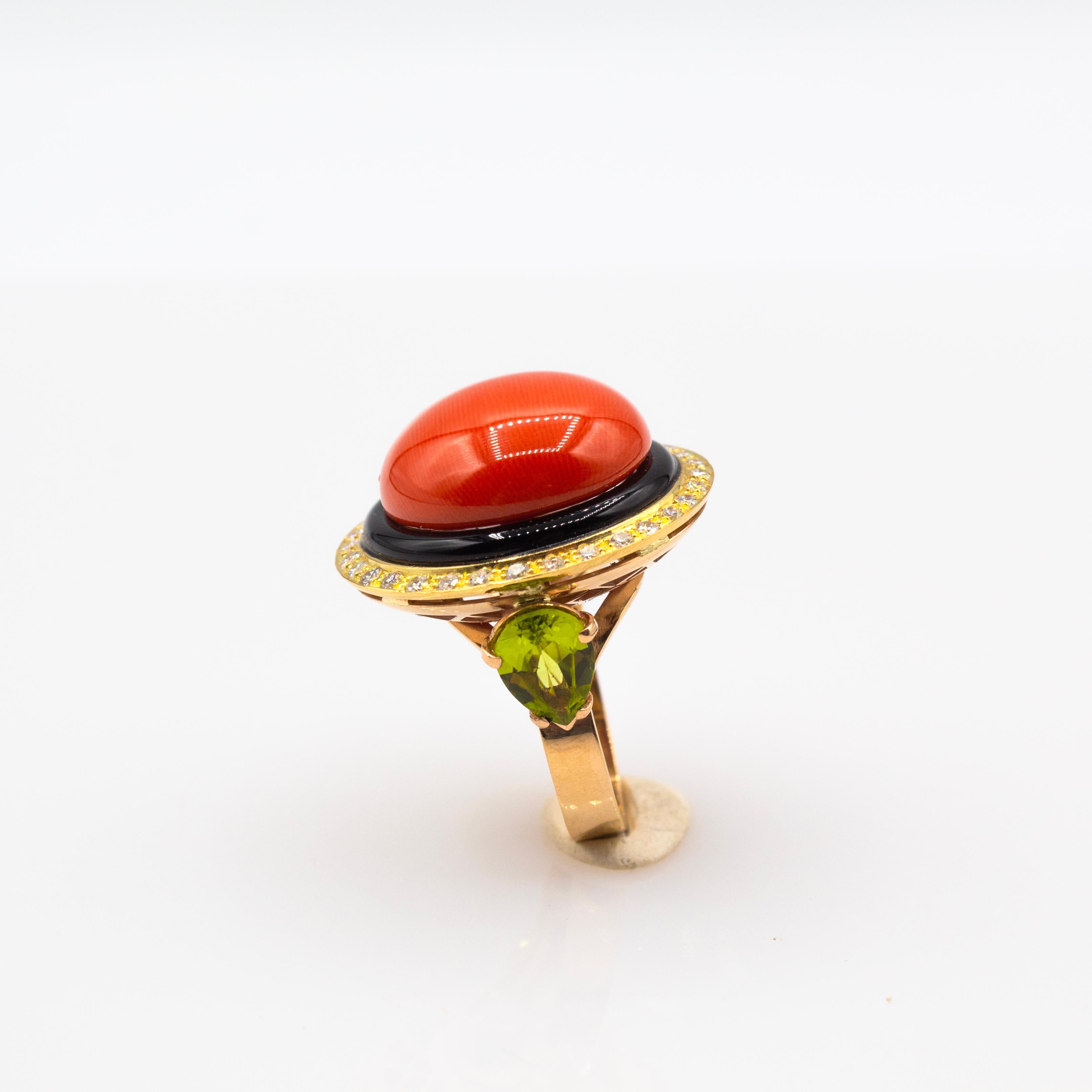 Women's or Men's Art Deco Style White Diamond Red Coral Peridot Onyx Yellow Gold Cocktail Ring