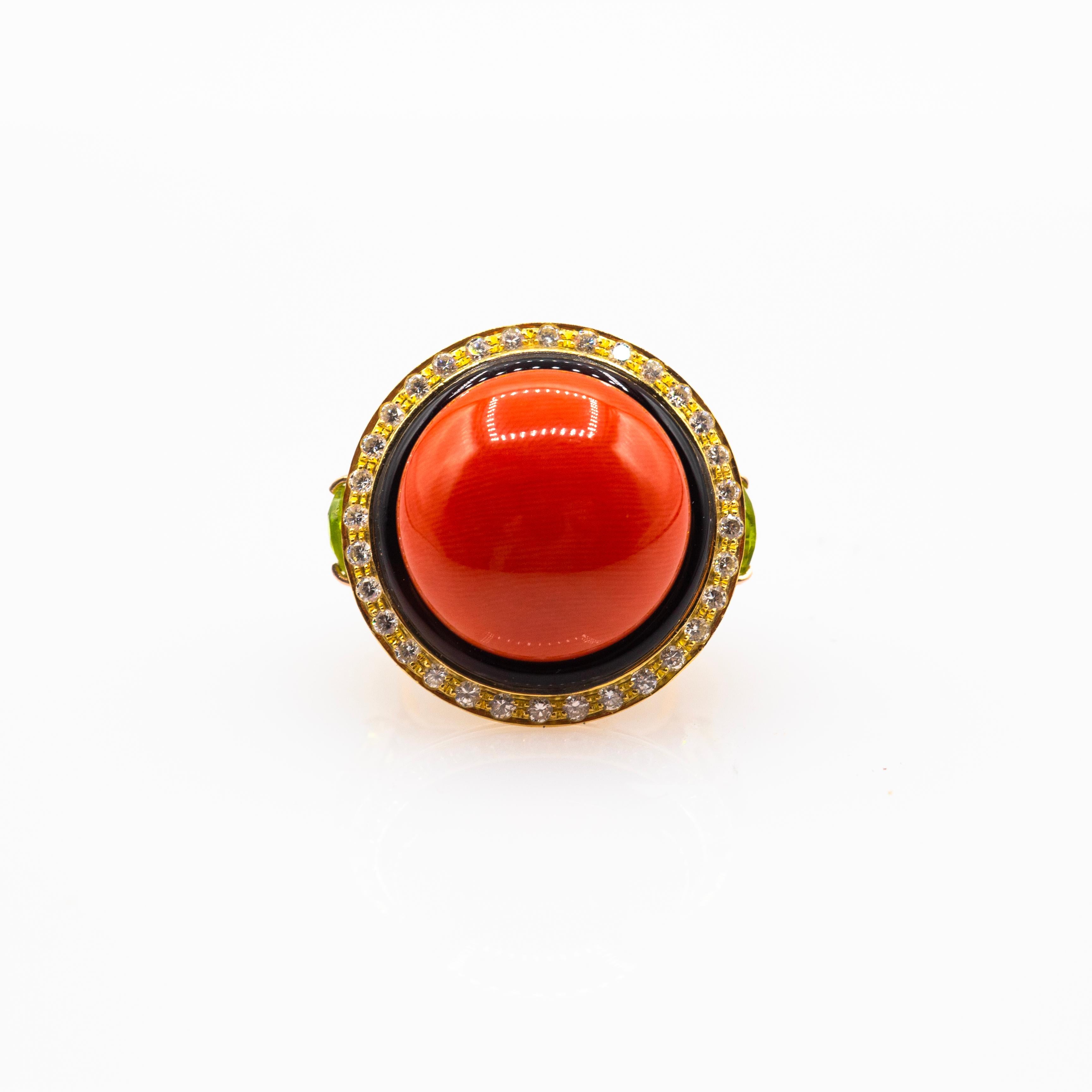 Art Deco Style White Diamond Red Coral Peridot Onyx Yellow Gold Cocktail Ring 1