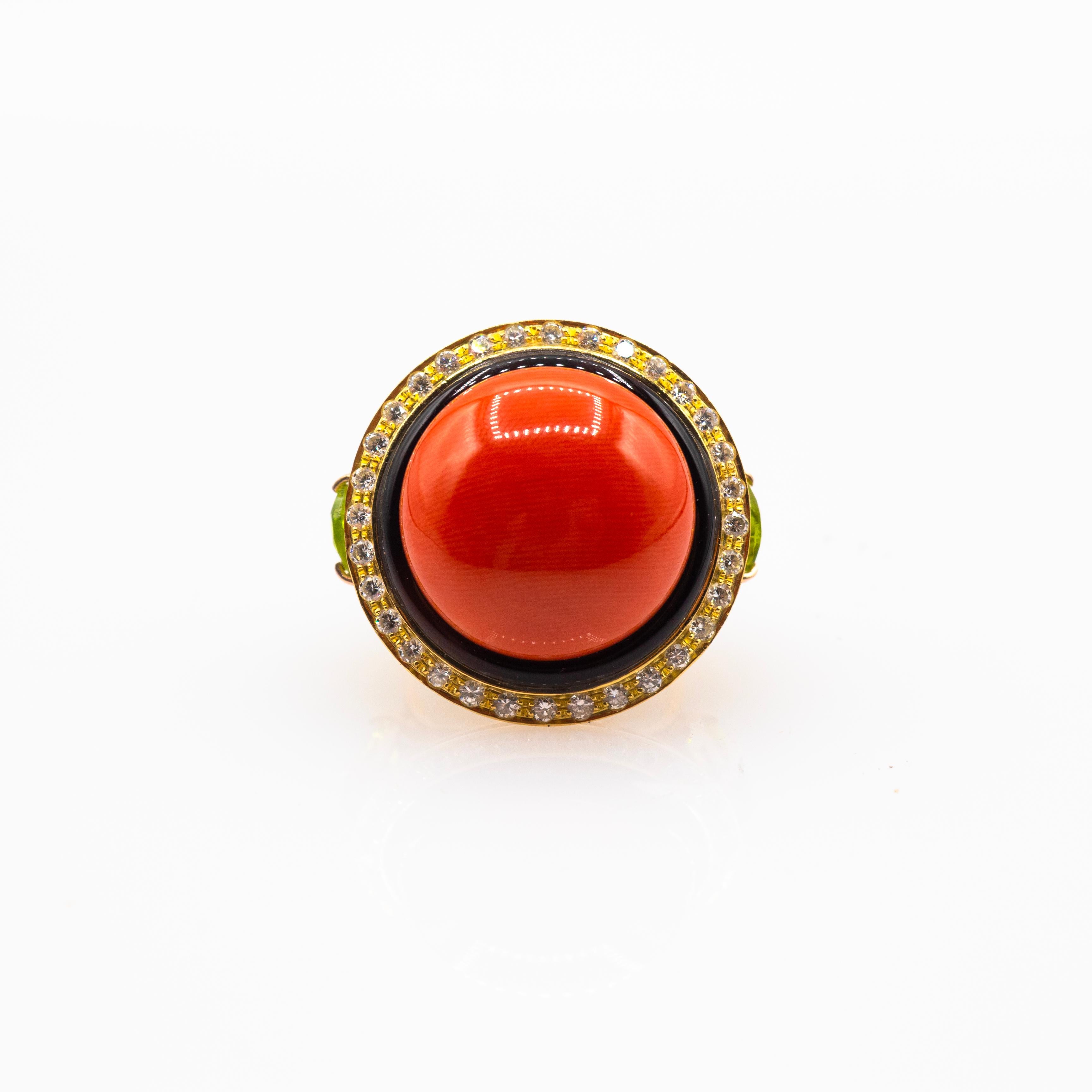 Art Deco Style White Diamond Red Coral Peridot Onyx Yellow Gold Cocktail Ring 2