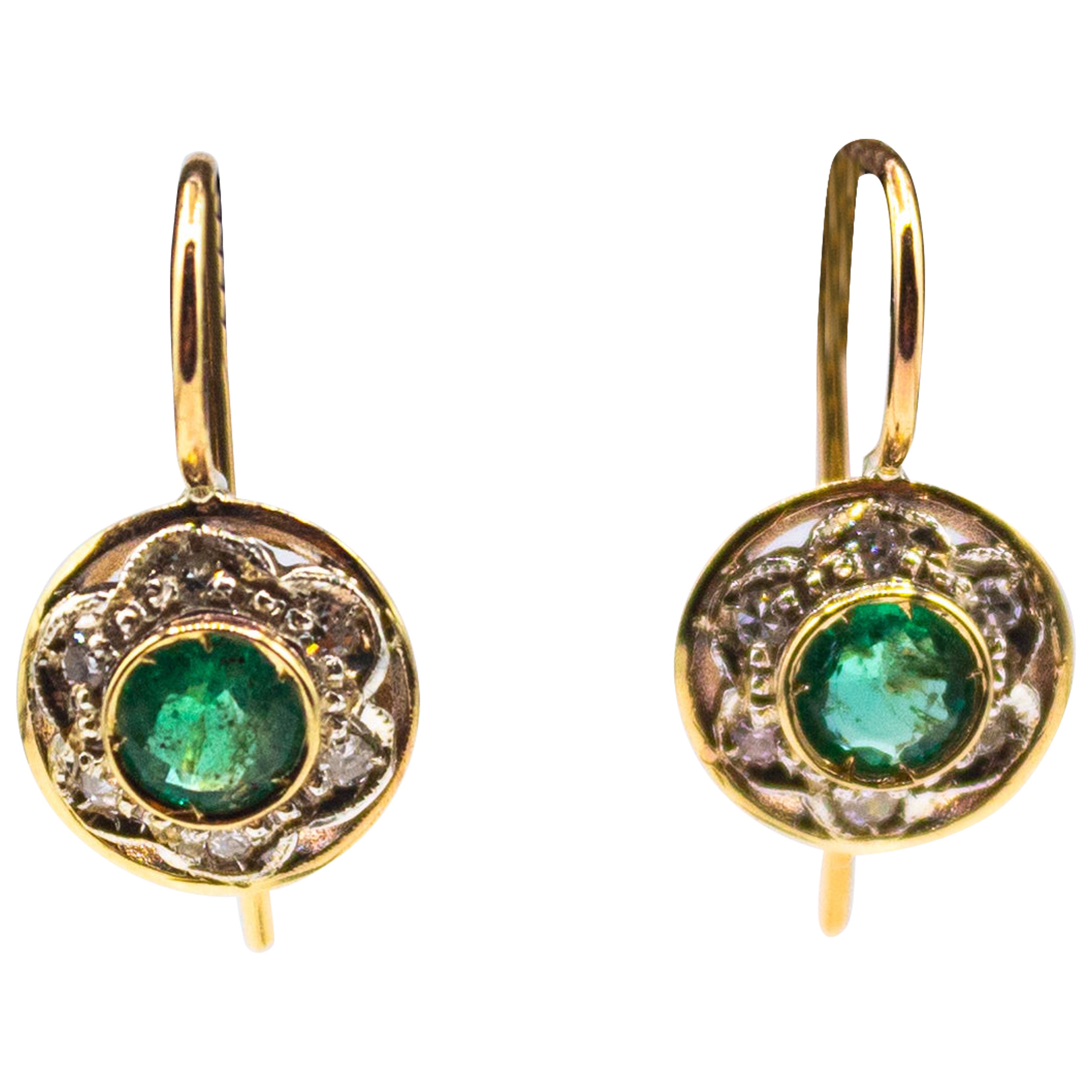 Art Deco Style White Diamond Round Cut Emerald Yellow Gold Stud Dangle Earrings