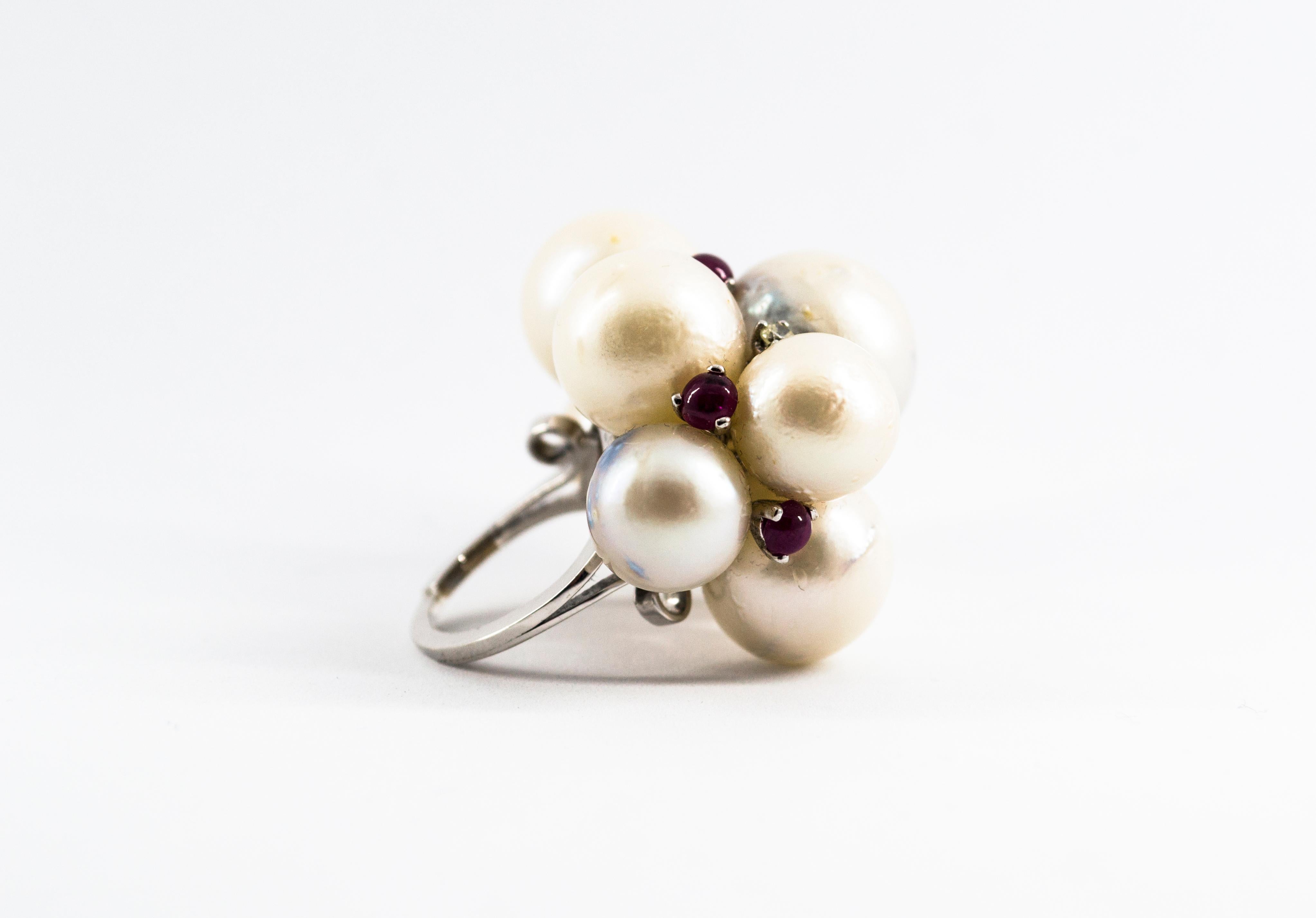 Women's or Men's Art Deco Style White Diamond Ruby Australian Pearl White Gold Cocktail Ring For Sale