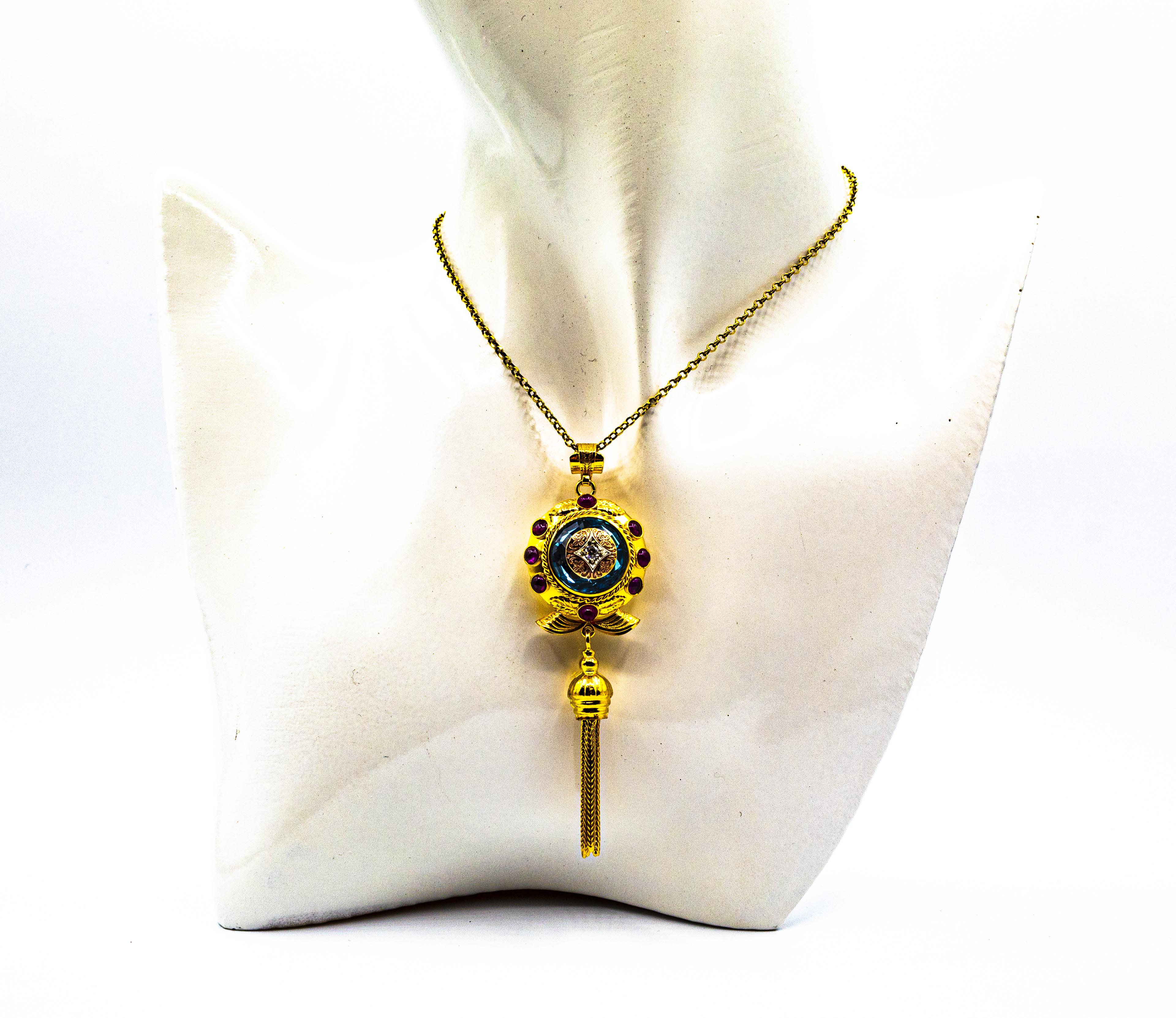 Art Deco Style White Diamond Ruby Blue Topaz Yellow Gold Pendant Necklace For Sale 3