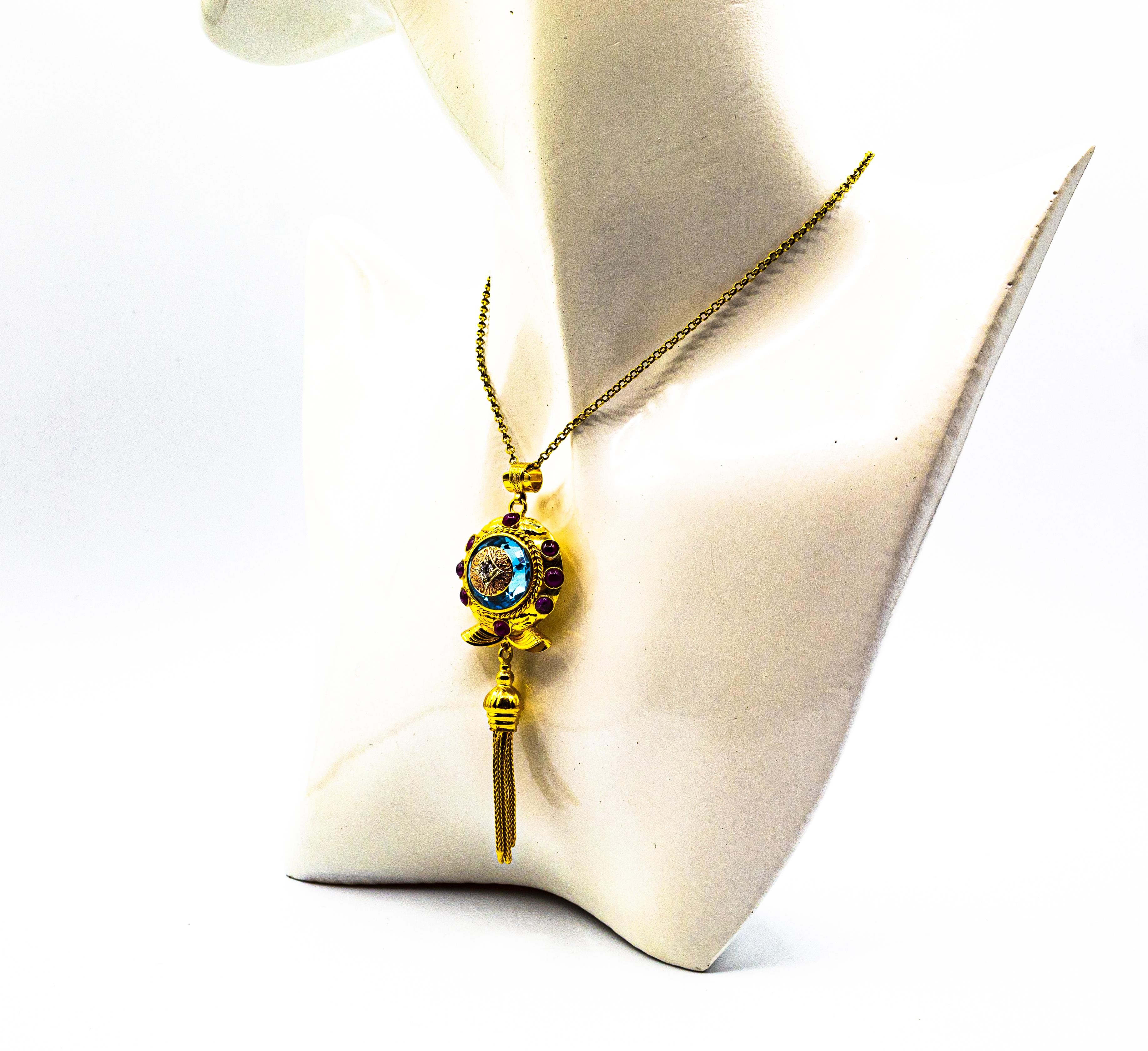Collar Colgante Oro Amarillo Estilo Art Decó Diamante Blanco Rubí Topacio Azul en venta 6