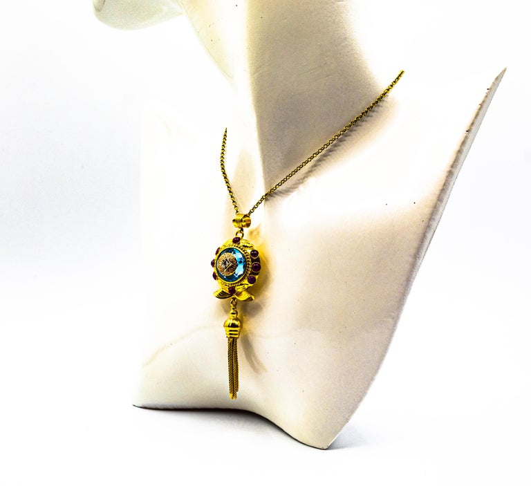 Art Deco Style White Diamond Ruby Blue Topaz Yellow Gold Pendant Necklace For Sale 6