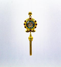 Art Deco Style White Diamond Ruby Blue Topaz Yellow Gold Pendant Necklace