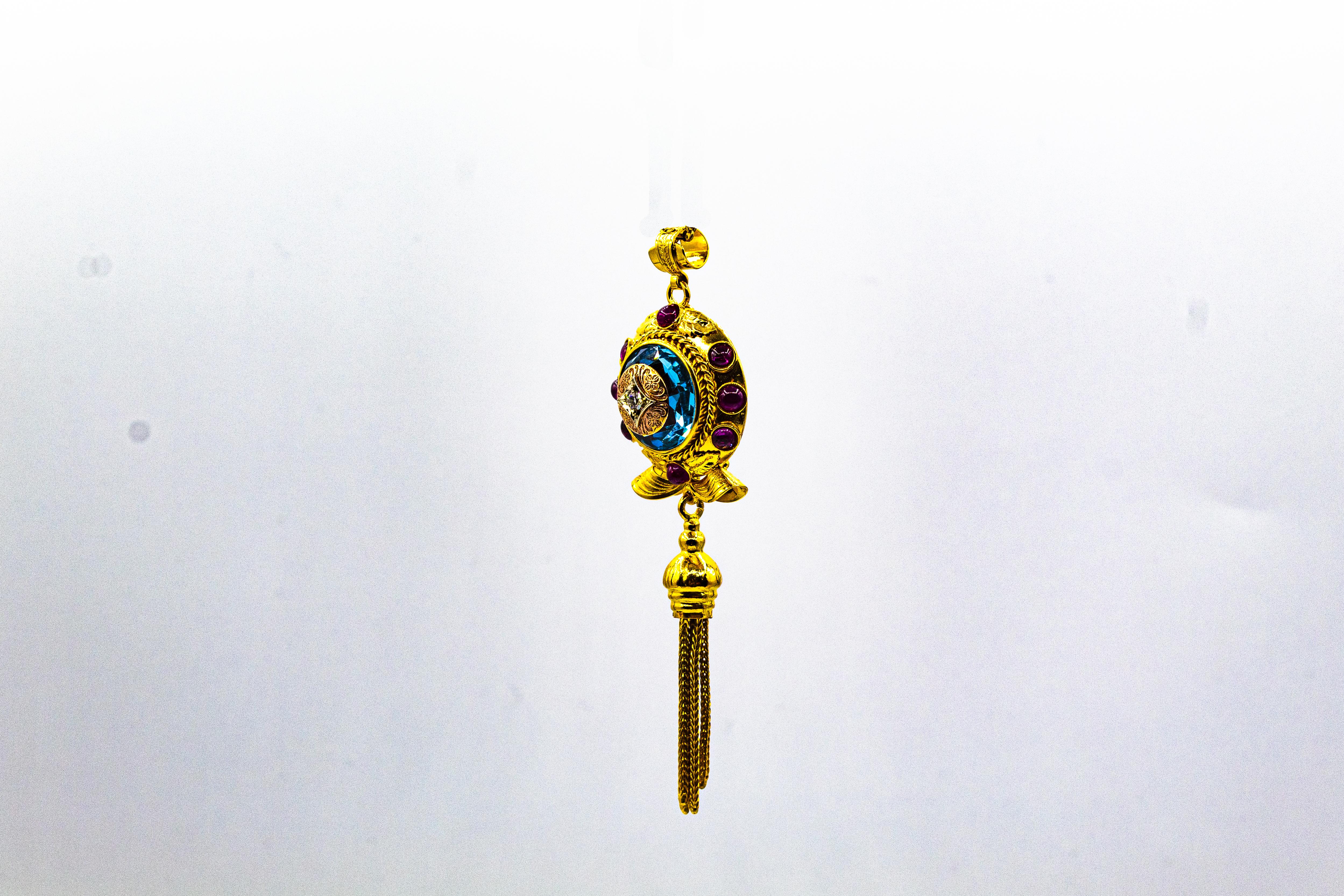 Women's or Men's Art Deco Style White Diamond Ruby Blue Topaz Yellow Gold Pendant Necklace For Sale