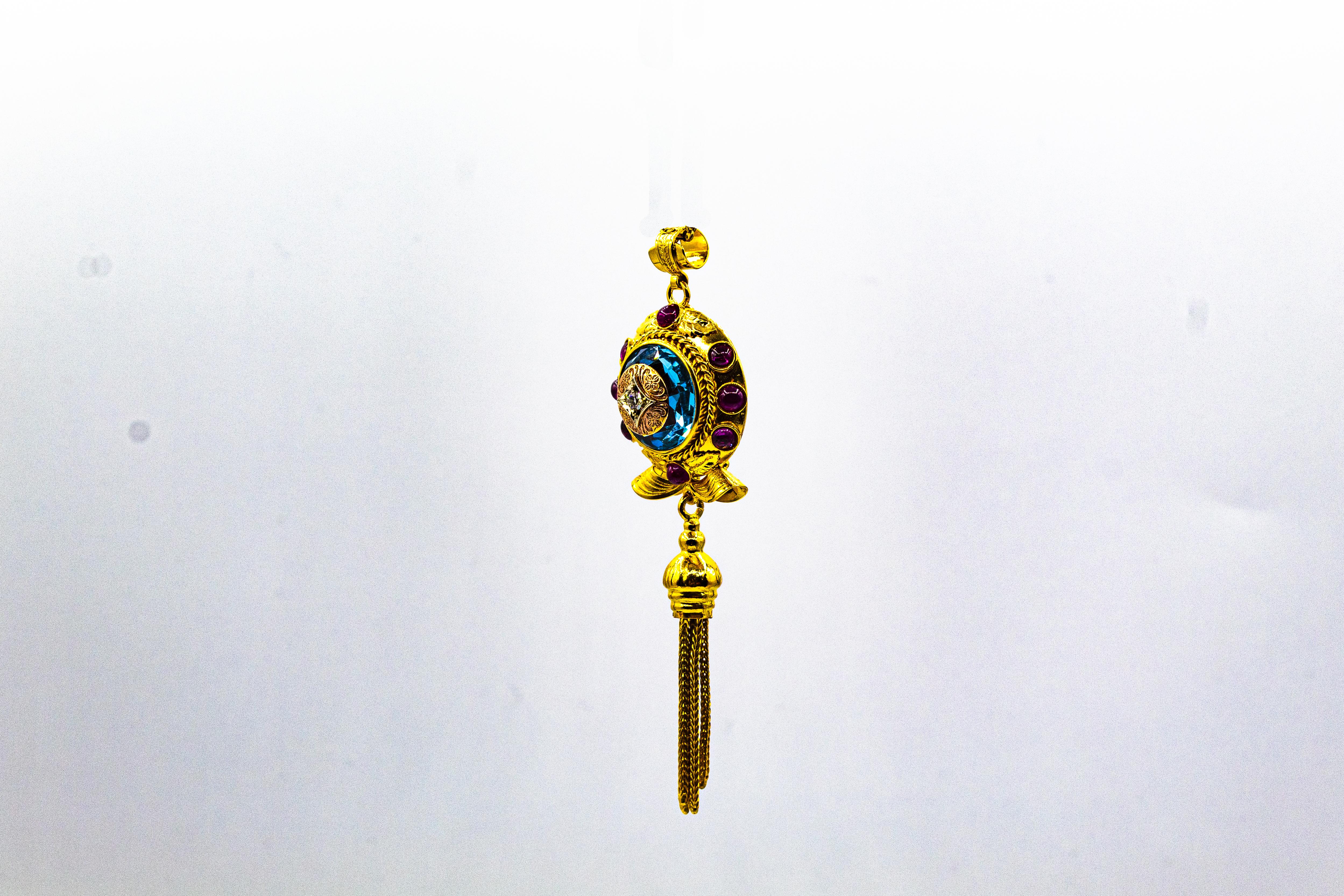 Collar Colgante Oro Amarillo Estilo Art Decó Diamante Blanco Rubí Topacio Azul en venta 2