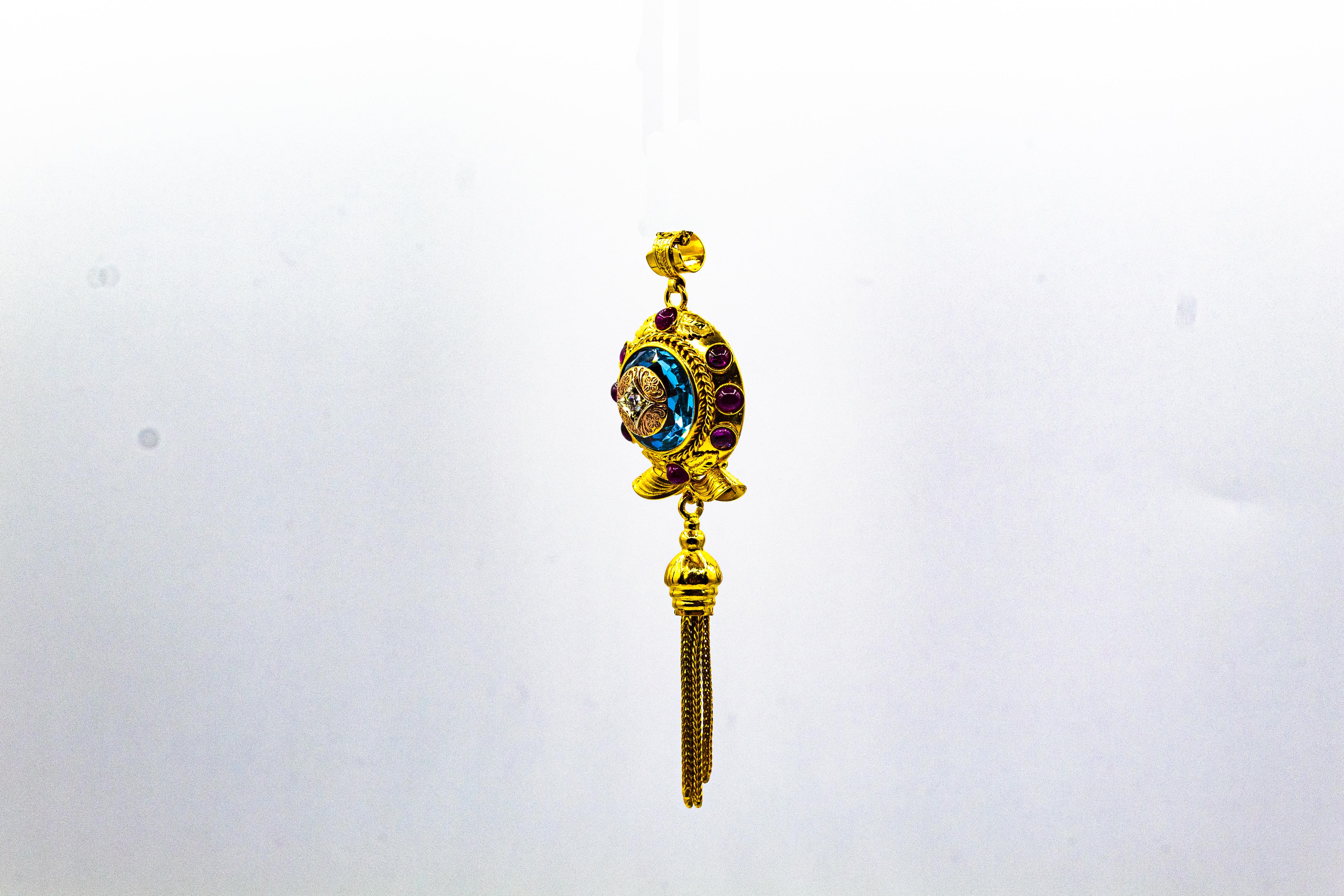Art Deco Style White Diamond Ruby Blue Topaz Yellow Gold Pendant Necklace For Sale 1